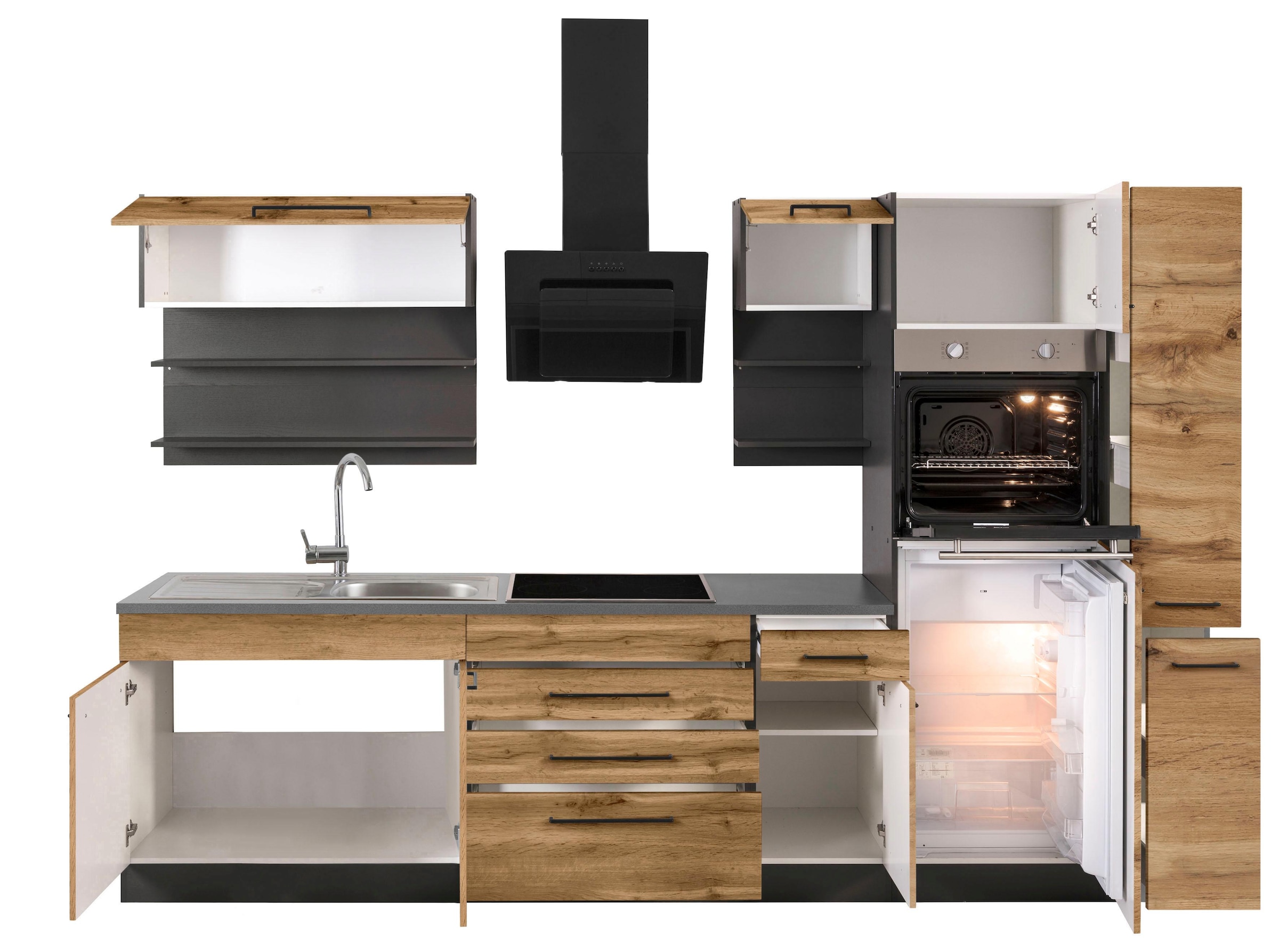 KOCHSTATION Küchenzeile »KS-Tulsa«, ohne E-Geräte, Breite 320 cm, schwarze Metallgriffe, MDF Fronten
