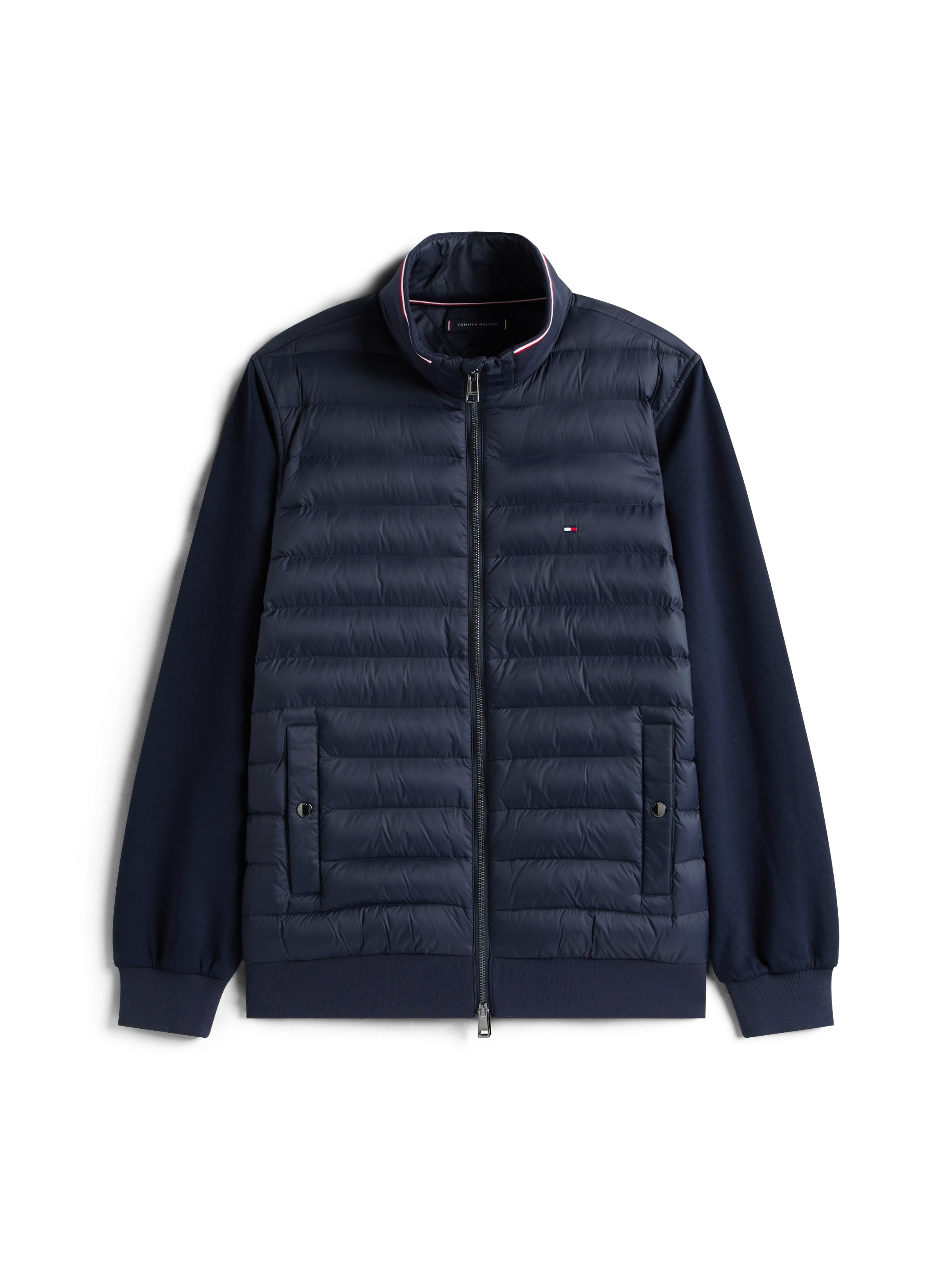 Tommy Hilfiger Sweatjacke »MIX MEDIA mit Stehkragen und gestepptem Einsatz«, unifarben, casual, regular fit, Baumwollmix, Stehkragen