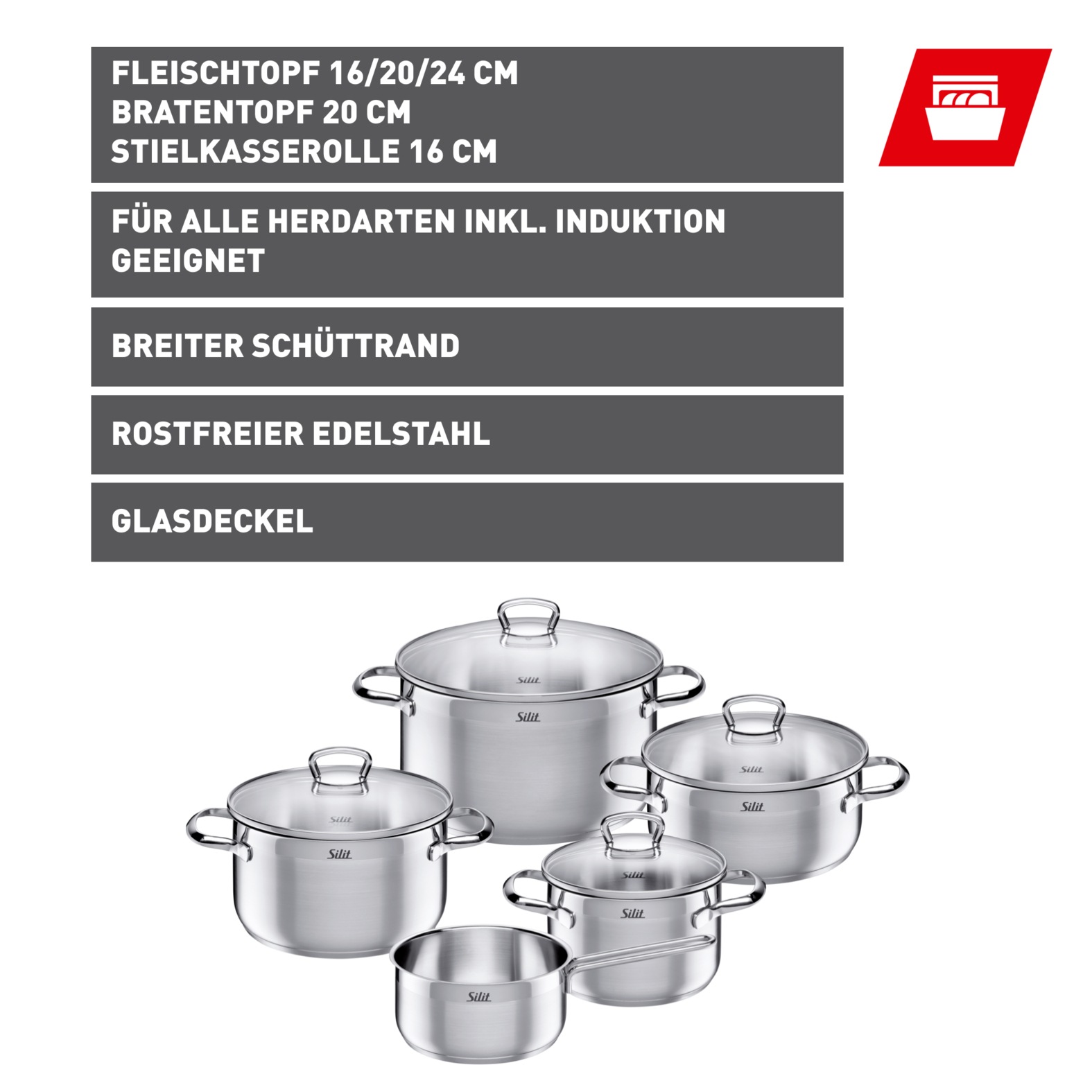 Silit Topf-Set »Toskana, teilmattiert, Induktions Töpfe Set unbeschichtet«, günstig online kaufen