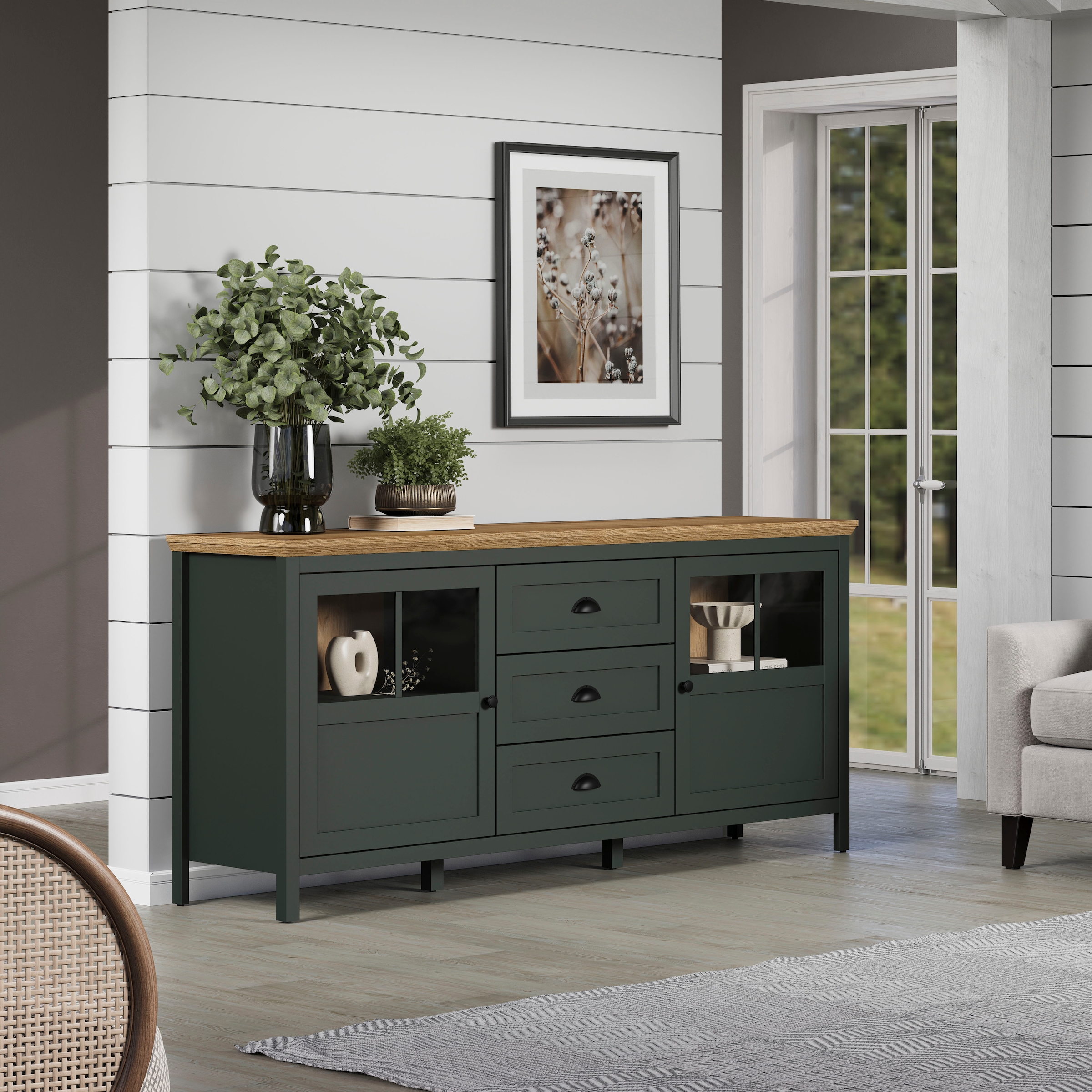 Home affaire Sideboard »Vienna«, (1 St.), Kommode im Landhausstil - Beleuchtung, Glastüren - B/T/H 185/45/86 cm