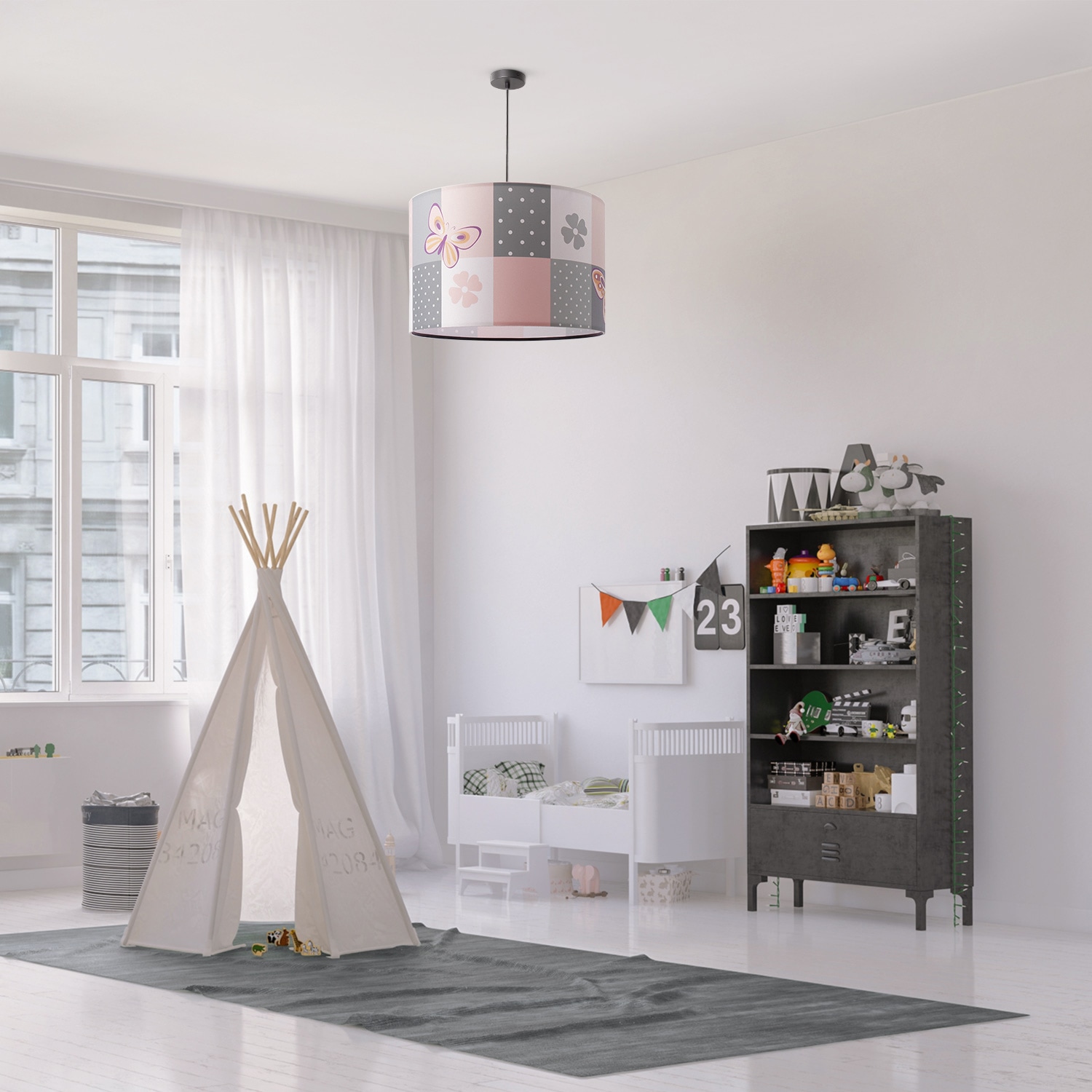 Paco Home Pendelleuchte »Cosmo 220« E27 Lampe Kinderzimmer Deckenlampe  Rosa Schmetterling Blumen Karo E27