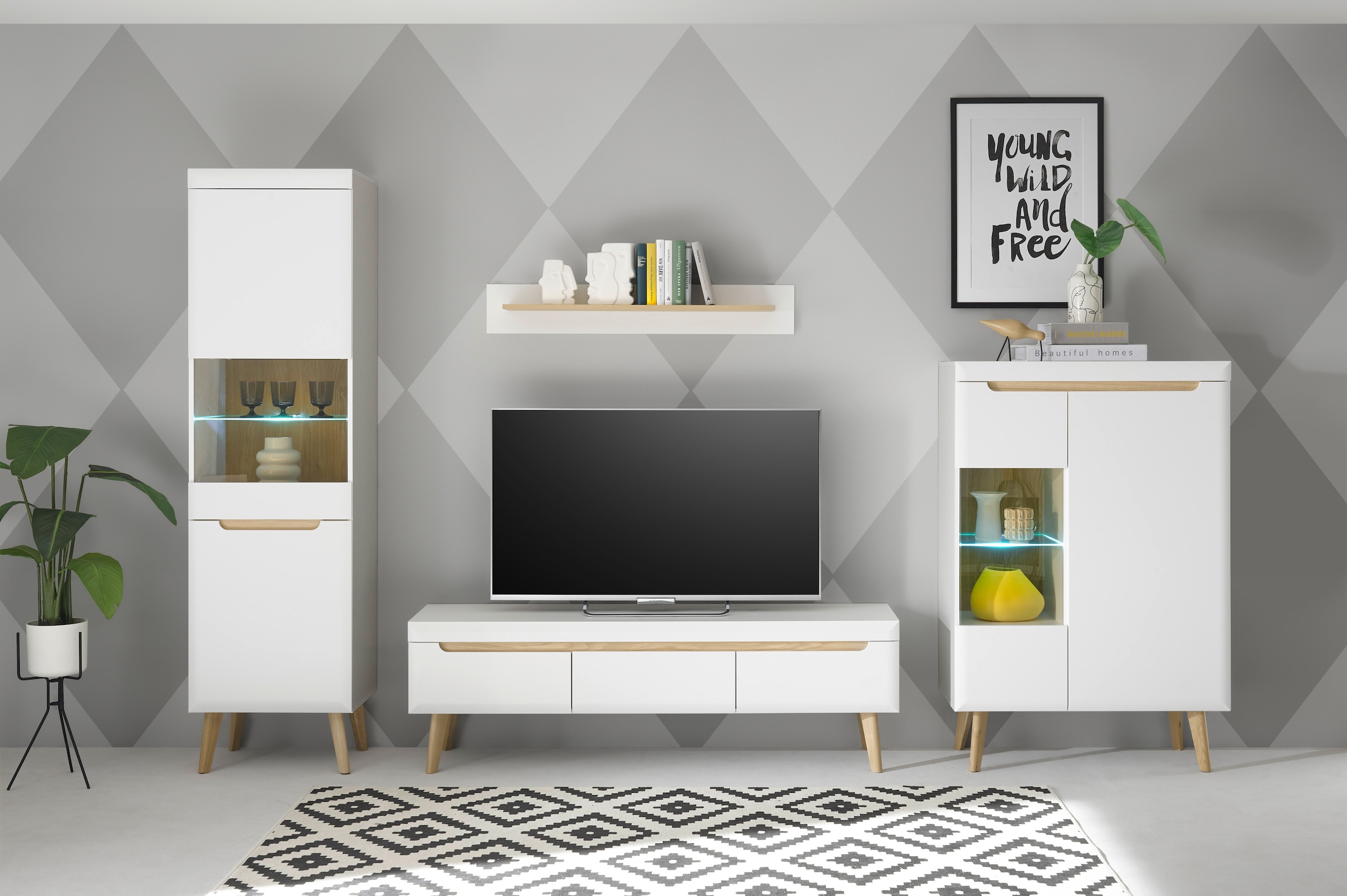 INOSIGN Wohnwand »Torge, Anbauwand, Schrankwand, Mediawand, Wohnzimmer-Set«, (Set, 4 St.), enthält 2 Vitrinen, 1 Lowboard, 1 Wandboard, 343 cm breit