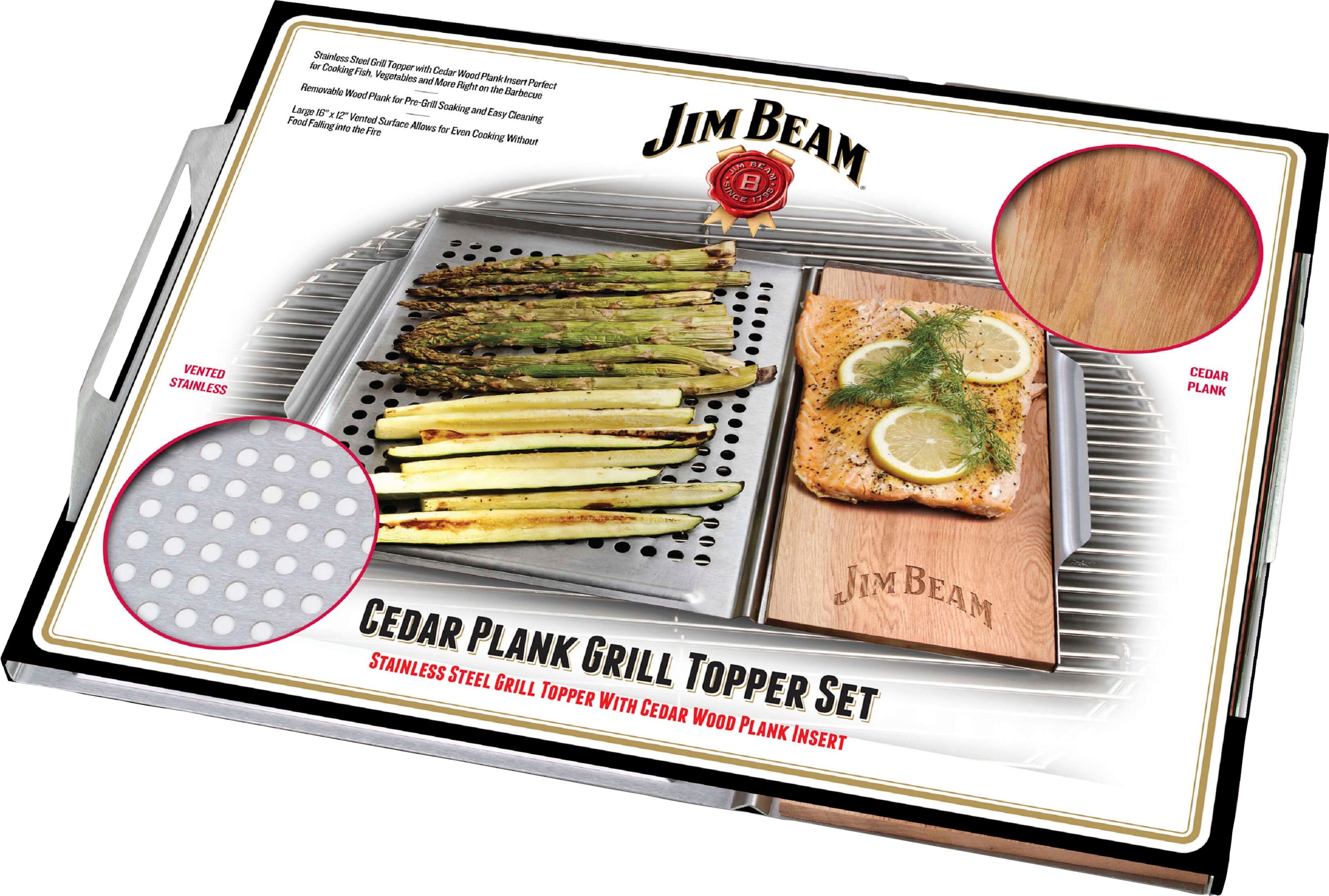 Jim Beam BBQ Grillerweiterung »Edelstahl-Platte«, (Set), 59x30 cm, mit Zedernholz Räucherbrett für Grillgut, Fisch, Gemüse