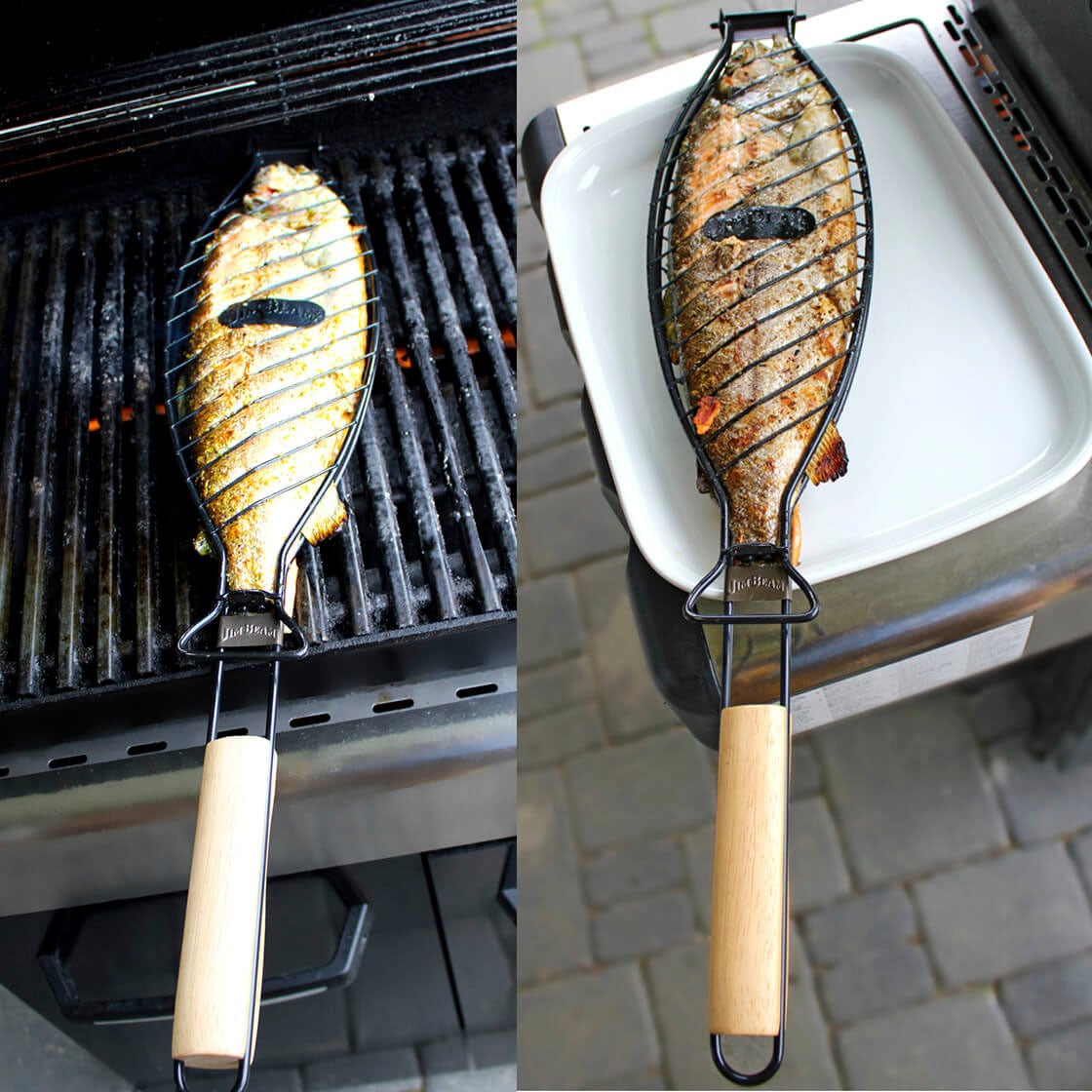 Jim Beam BBQ Grillschale, Metall, mit Parawoodgriff für große Fische