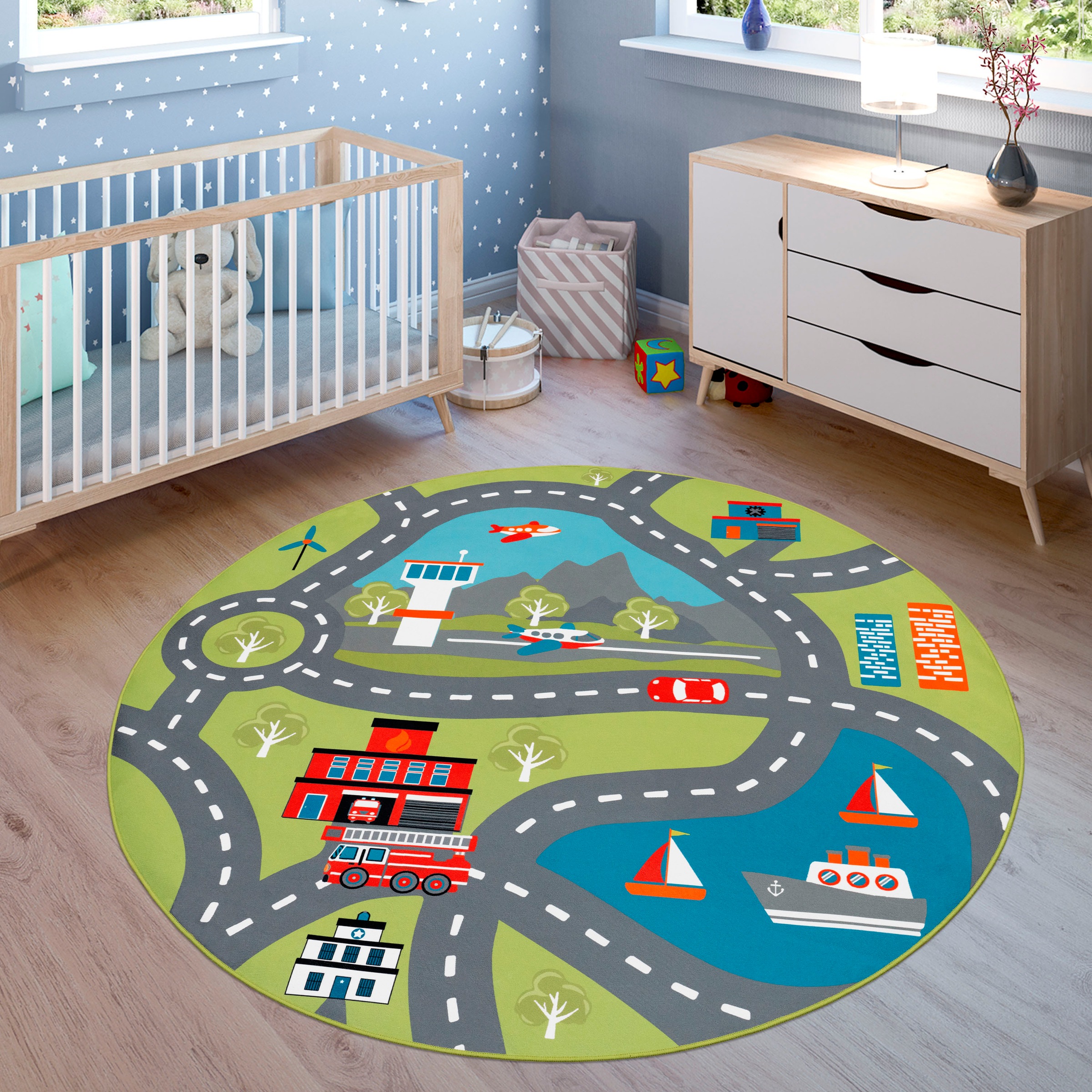 Paco Home Kinderteppich »Bino 562«, rund, 4 mm Höhe, Kurzflor, Straßen-Spiel-Teppich, Motiv Flughafen, Kinderzimmer