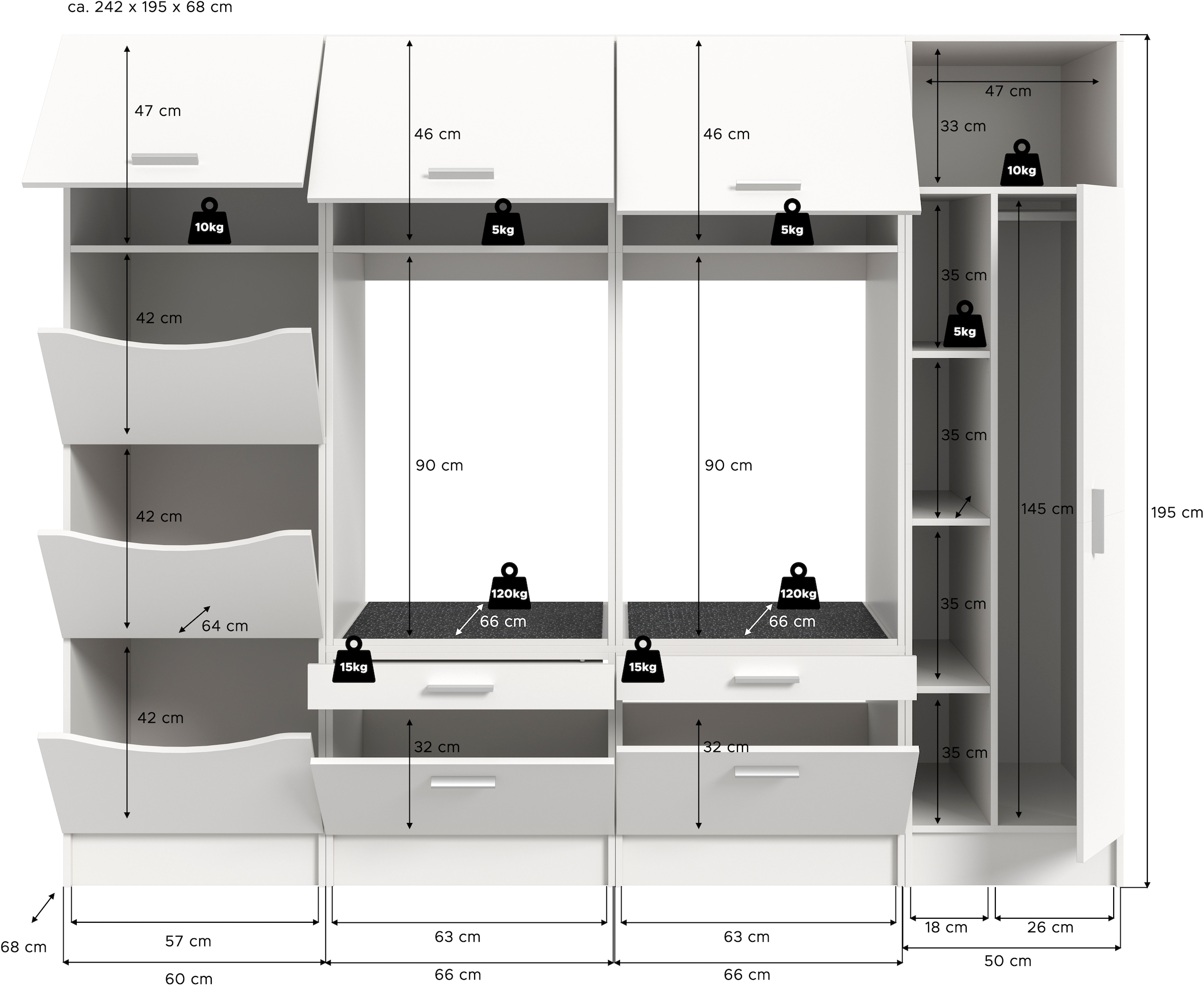 welltime Badmöbel-Set »FALAS, TOPSELLER!, 4-teilig, Hauswirtschaftsraum Set, Breite 292 cm«, (Set, 4 St., 2x Waschmaschinenumbauschrank, 1x Wäscheschrank & 1x Mehrzweckschrank), Kombination, Waschmaschinenumbau, Waschmaschinenschrank, Wäschekammer
