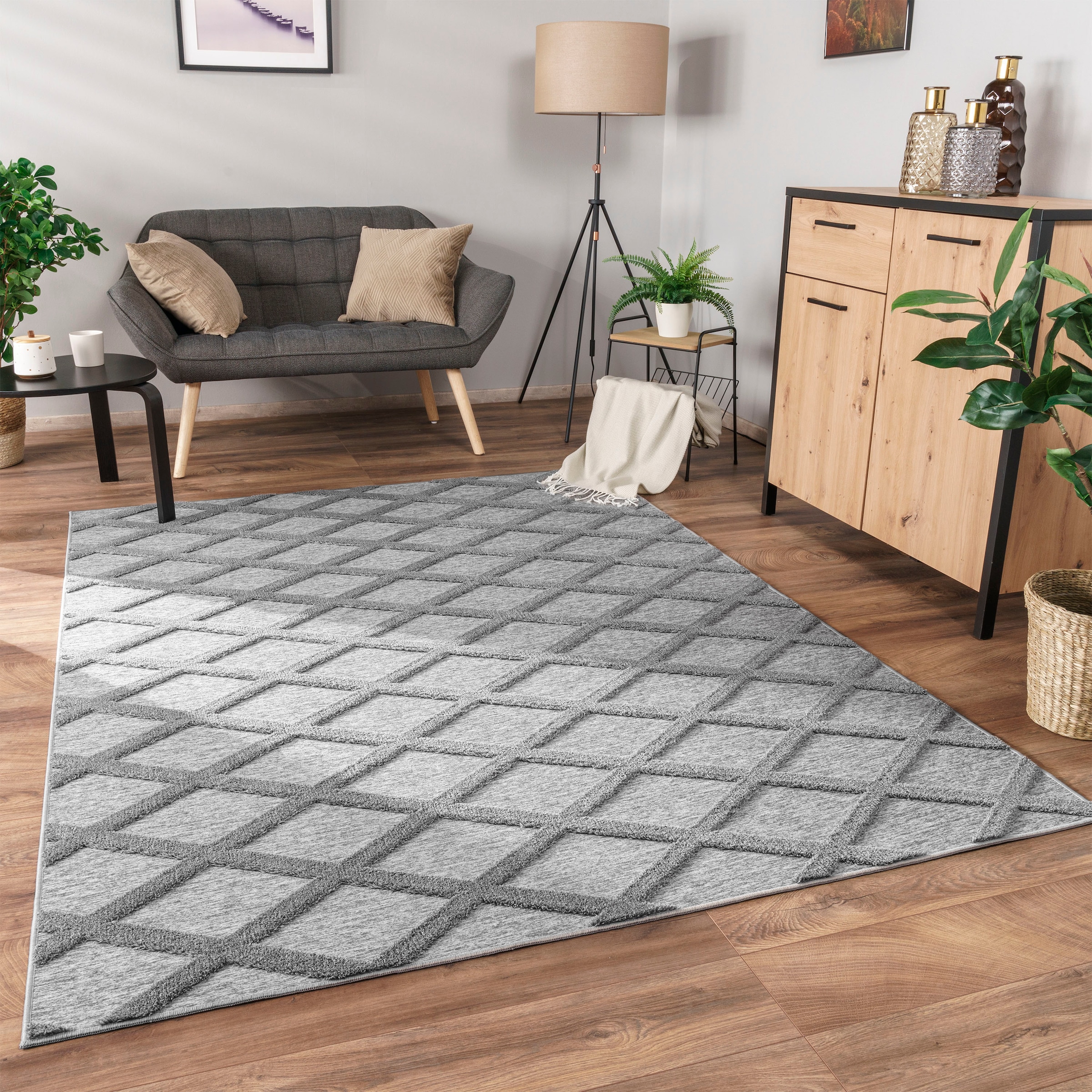Paco Home Teppich »Utrecht 642«, rechteckig, 4 mm Höhe, Kurzflor, Uni Farben, 3D-Design, Rauten Muster, Hoch-Tief Effekt