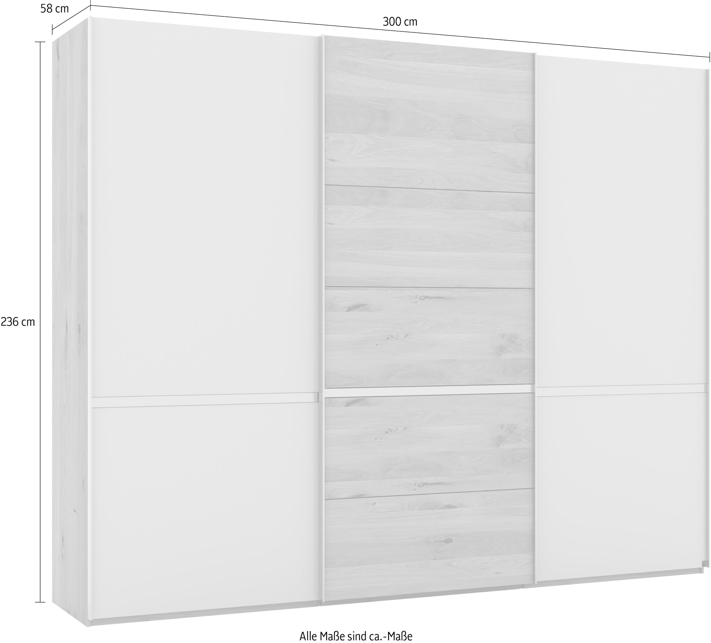 Musterring Schwebetürenschrank »Savona, Kleiderschrank, Schrank, Garderobe, mit Schiebetüren«, (Teilmassiv Bianco-Eiche, mit Spiegel oder Glas, MADE IN GERMANY), Türen Bianco-Eiche massiv, Spiegel-/Glastüren, eingelegte Chromleiste