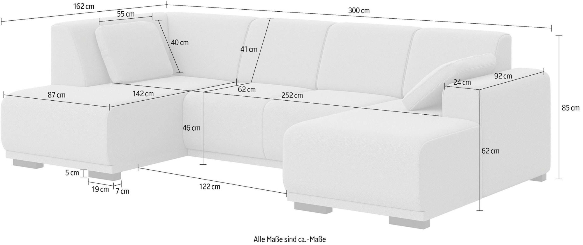 Home affaire Wohnlandschaft »BORNHOLM U-Form mit Recamiere rechts/links, B/T/H: 300/162/85 cm«, U-Form mit Wellenunterfederung, Recamiere rechts oder links bestellbar