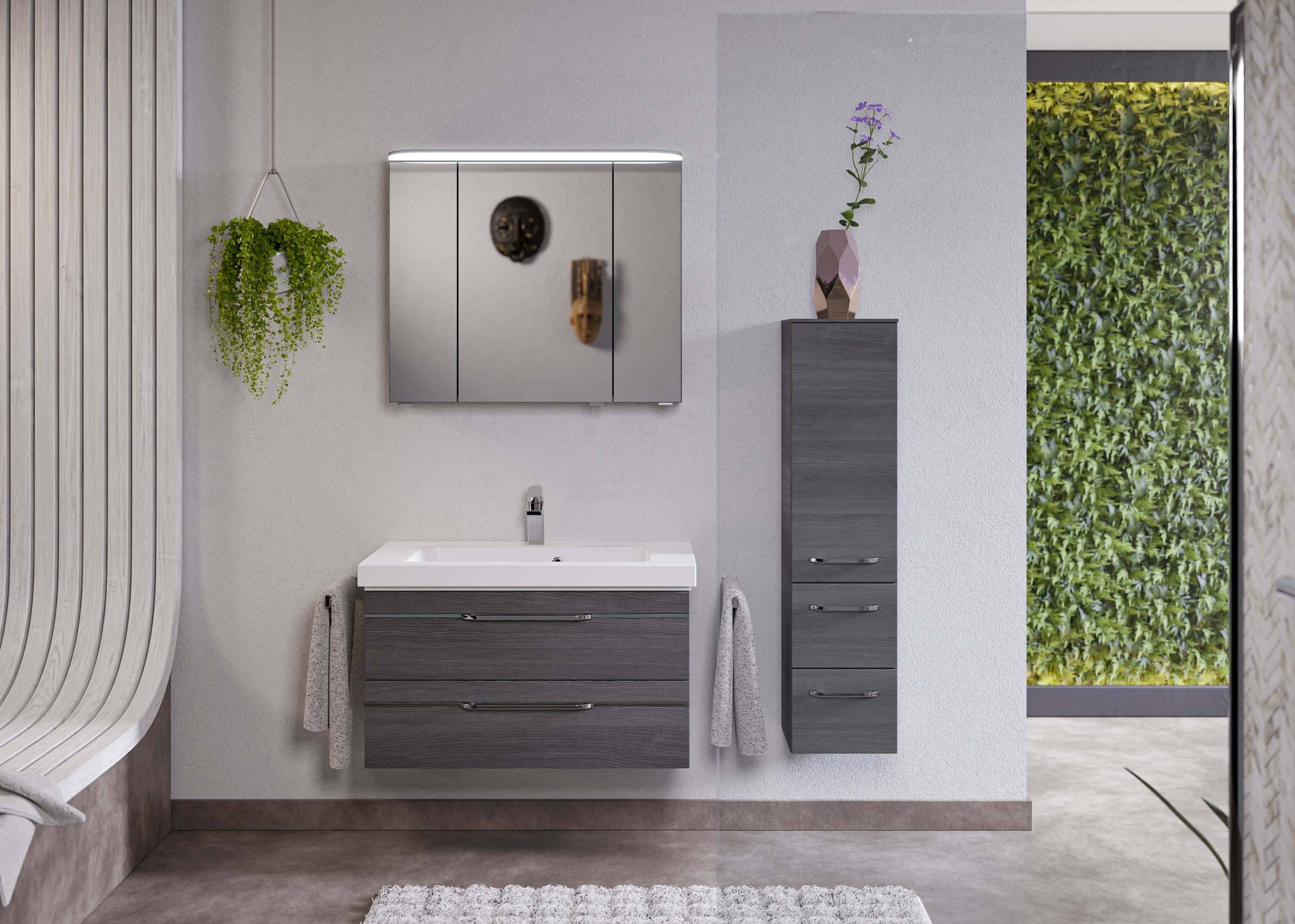 Saphir Badmöbel-Set »Balto Sprint 3-teilig, Mineralmarmor-Waschtisch mit LED-Spiegelschrank«, (4 St.), Badezimmer Set mit Midischrank, inkl Türdämpfer, 4 Türen, 4 Schubladen