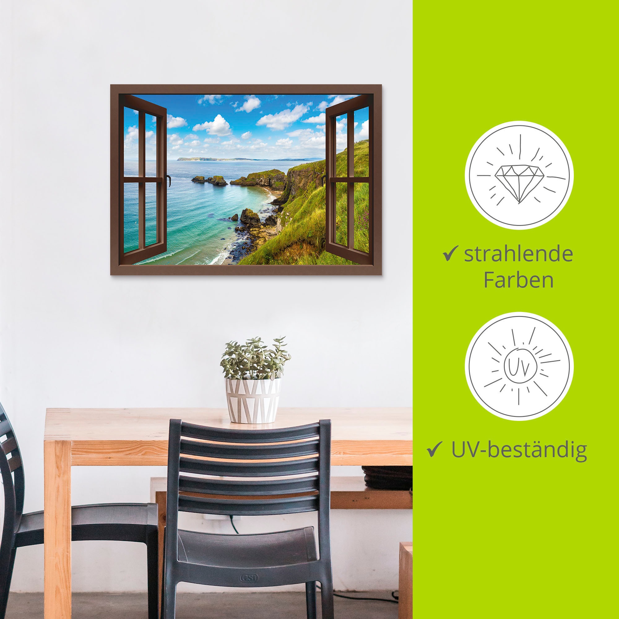 Artland Wandbild »Küstenweg in Nordirland durchs Fenster«, Meer Bilder, (1 St.), als Alubild, Outdoorbild, Leinwandbild, Wandaufkleber, versch. Größen
