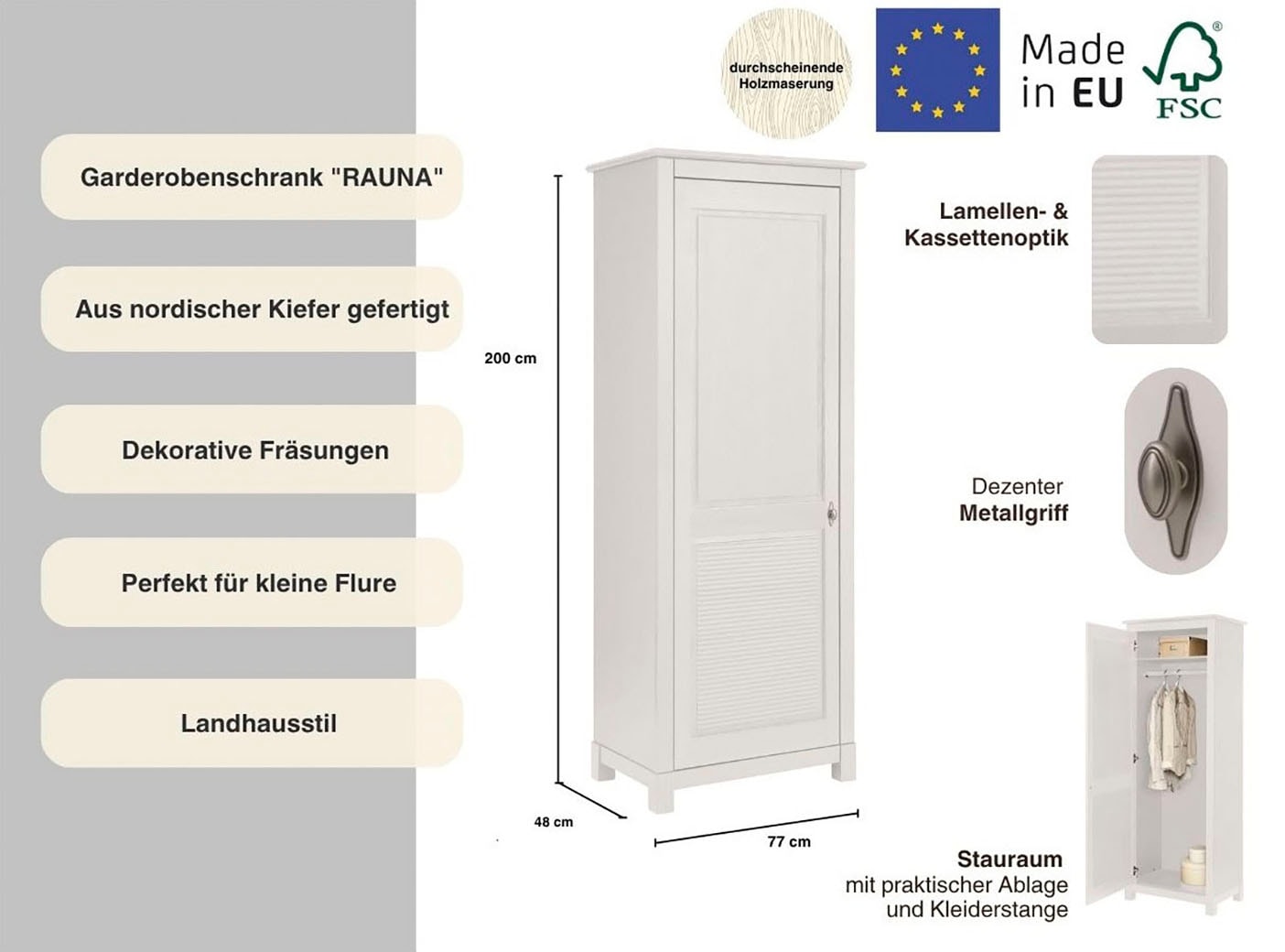 Home affaire Garderobenschrank »Rauna«, Aus massiver Kiefer, mit dekorativen Fräsungen