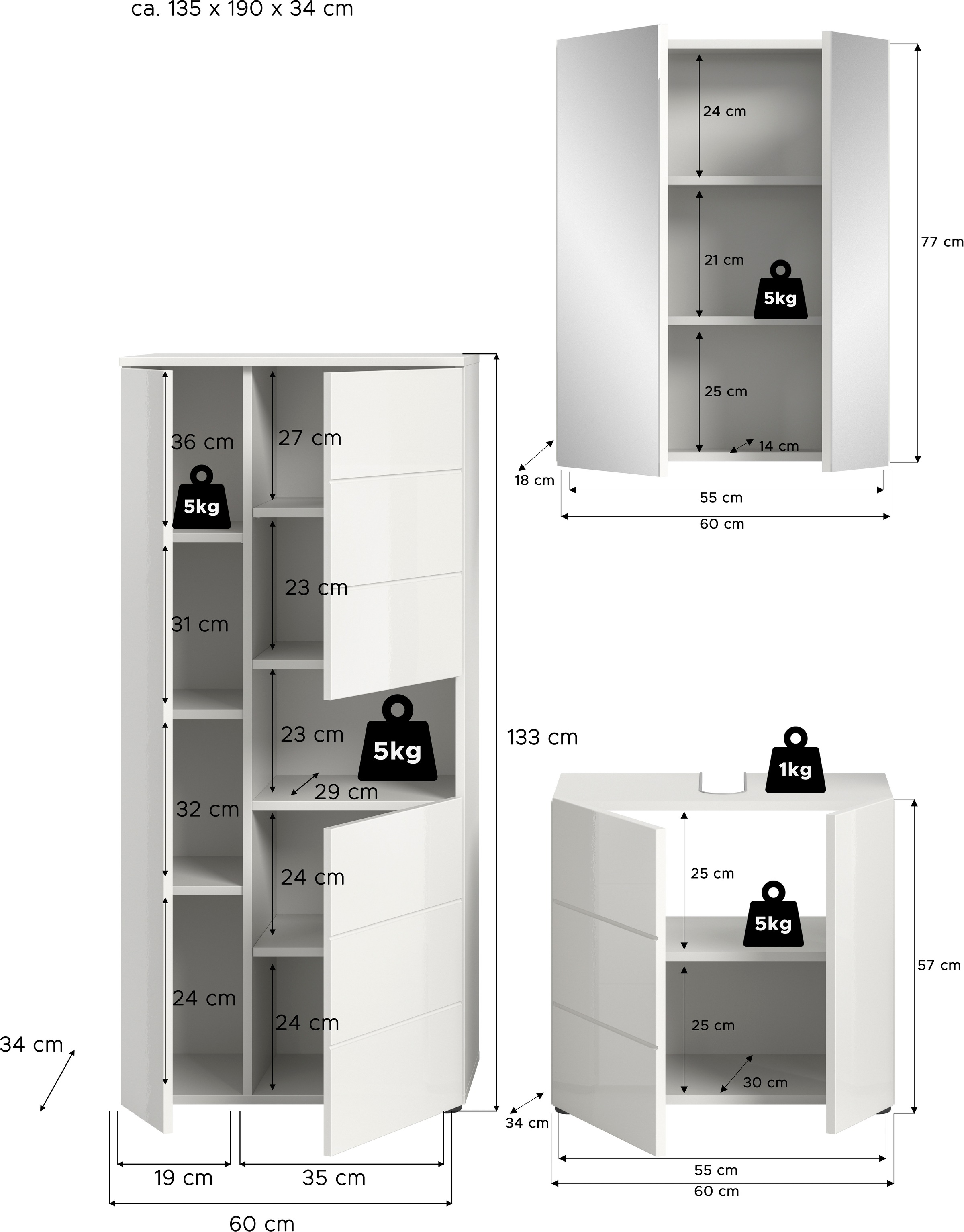 welltime Badmöbel-Set »Biel, Höhe 190 cm, Midischrank, Unterschrank, Spiegelschrank«, (3 St.), Bad Set, modernes Design, Hochschrank, Unterschrank, Spiegel