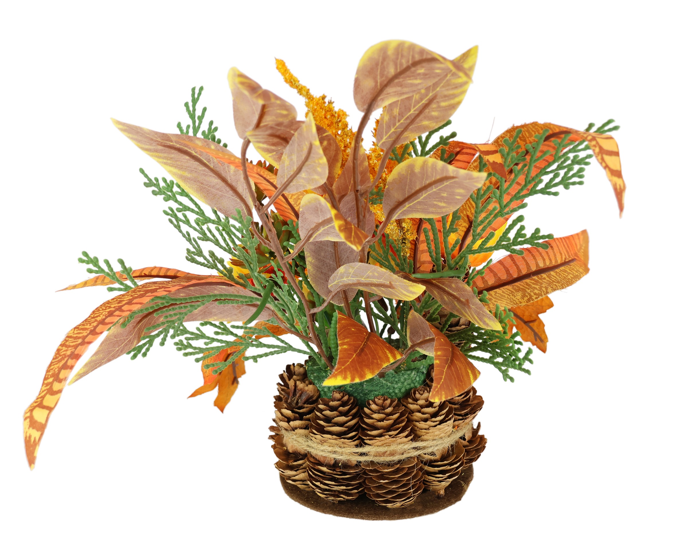 I.GE.A. Kunstblume »Herbstgesteck Chrysanthemen«, Im Zapfentopf mit Physalis, Eule, Herbstlaub