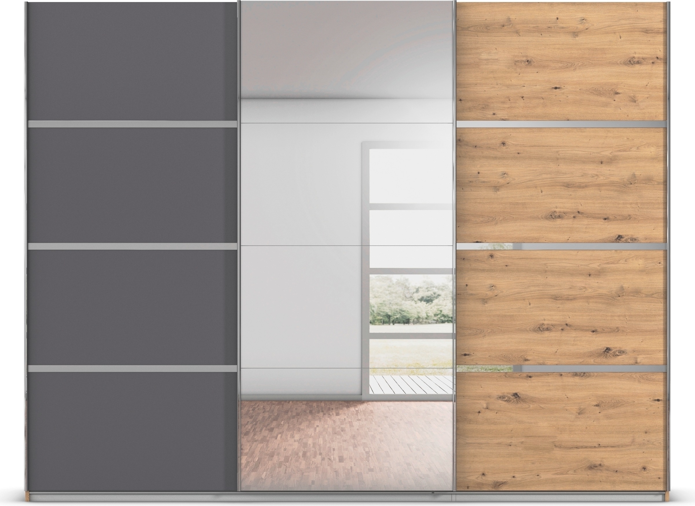 rauch Kleiderschrank »Schwebetürenschrank OTTO´s Choice Garderobe Schrank TOP ANGEBOT Avola«, (in 3 verschiedenen Ausstattungen BASIC/CLASSIC/PREMIUM inkl. Spiegel), mit eleganten Zierleisten in Chrom, Schwarz oder Weiß MADE IN GERMANY
