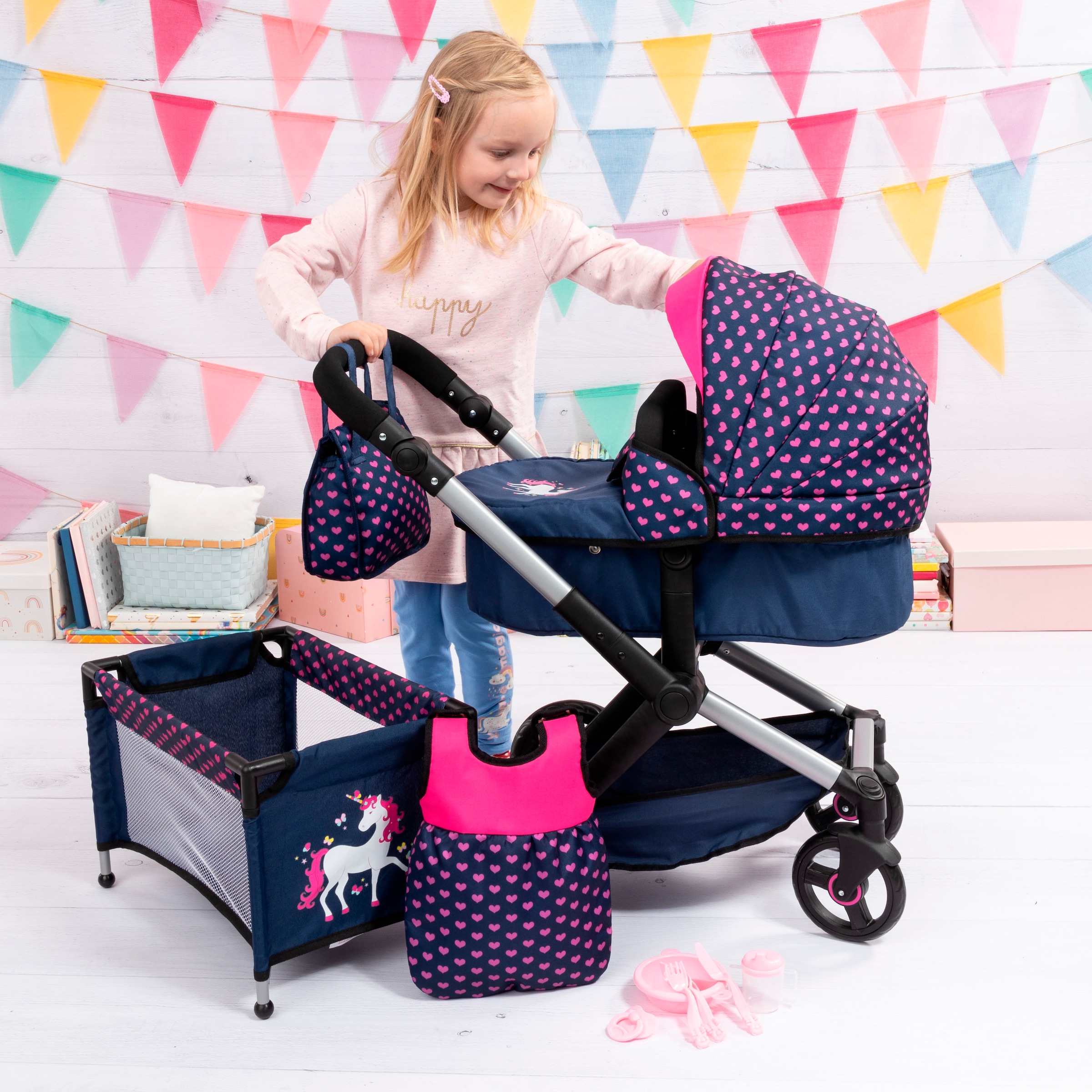 Bayer Kombi-Puppenwagen »Xeo Mega, blau/pink«, (Set)