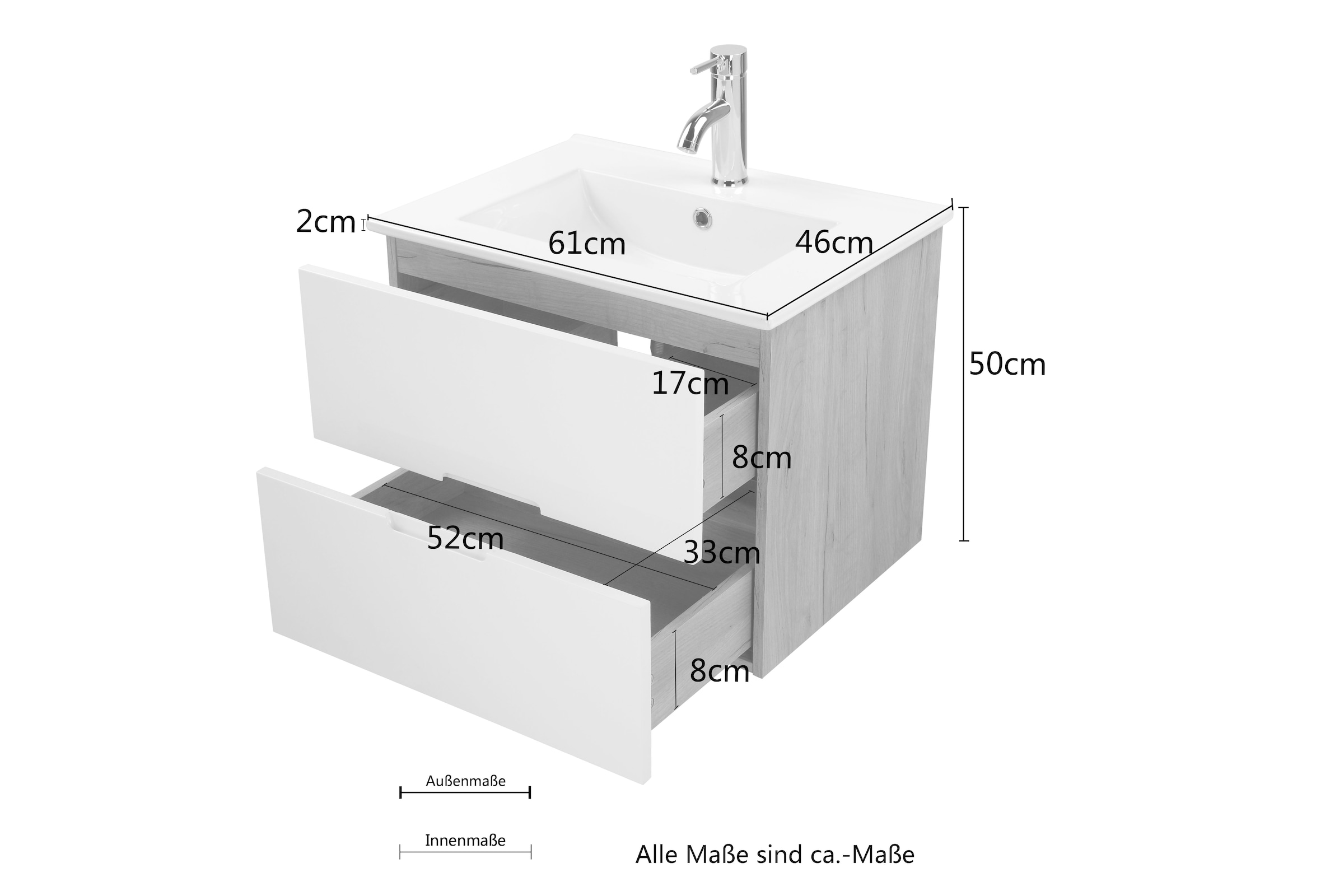 andas Badmöbel-Set »Lund Badmöbel Set Badschrank Badezimmerset«, (Komplett-Set), Spiegelschrank, Waschtisch und Waschbecken Breite 60cm