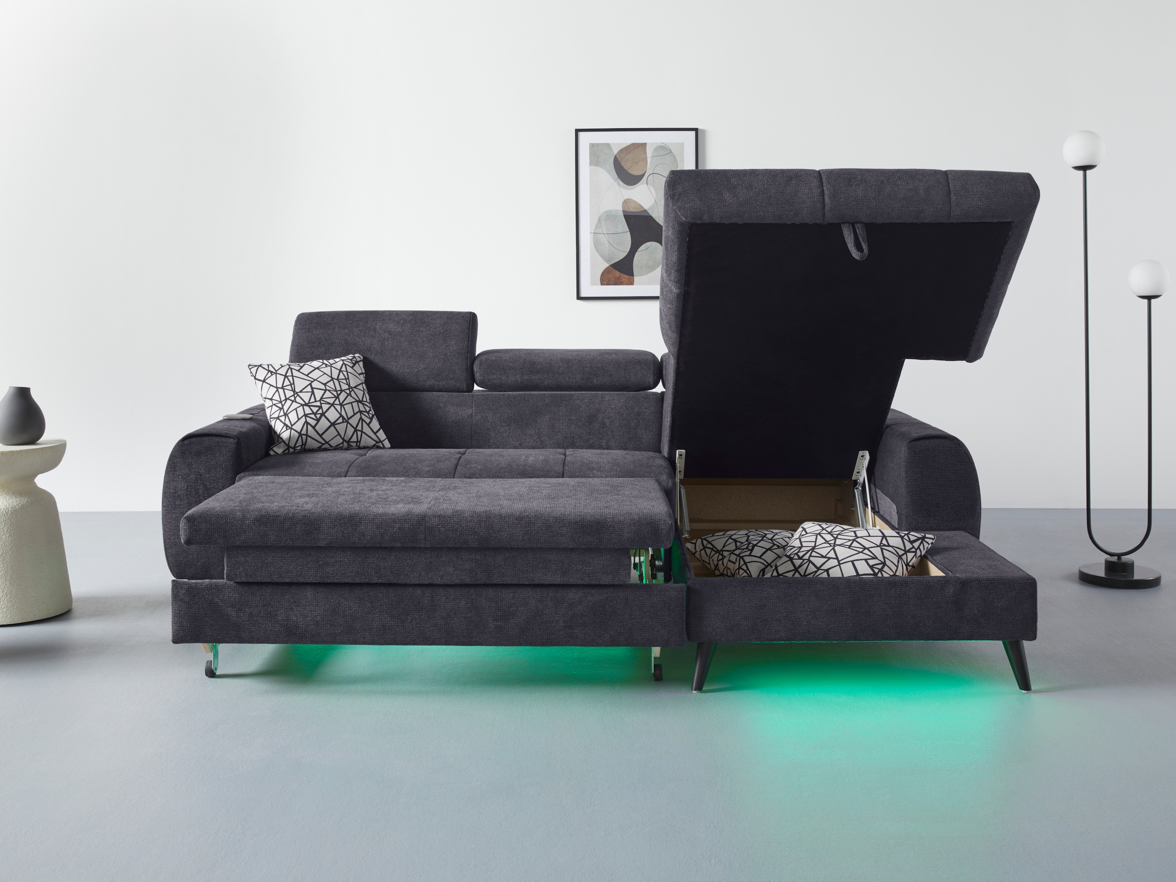 COTTA Ecksofa »Mia L-Form mit 3 Zierkissen«, wahlweise mit Bettfunktion, Bettkasten, Beleuchtung & Wireless-Charger