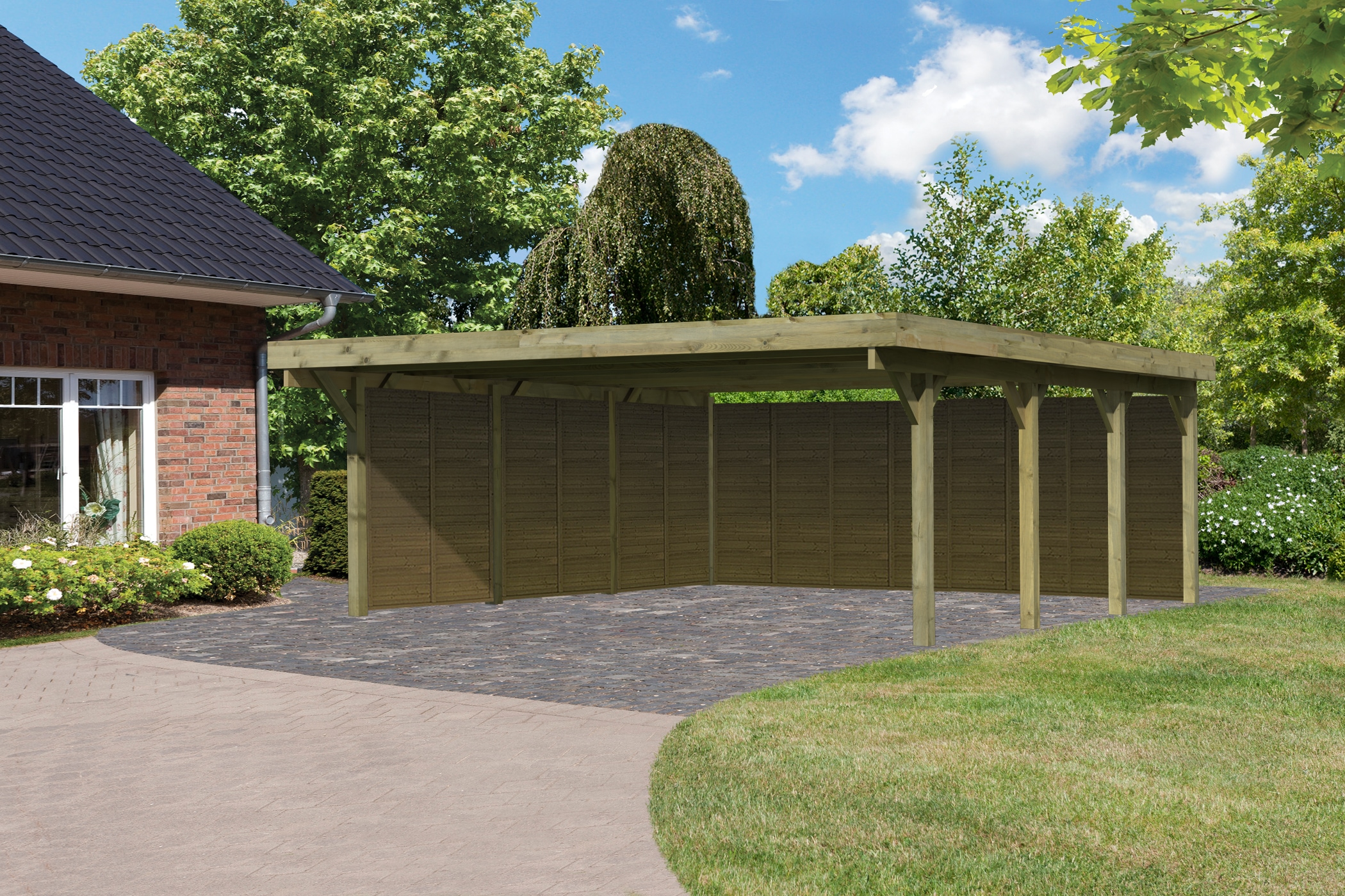 Karibu Doppelcarport »Classic 2«, Holz, 540 cm, braun, mit Rückwand und 3 Seitenwänden