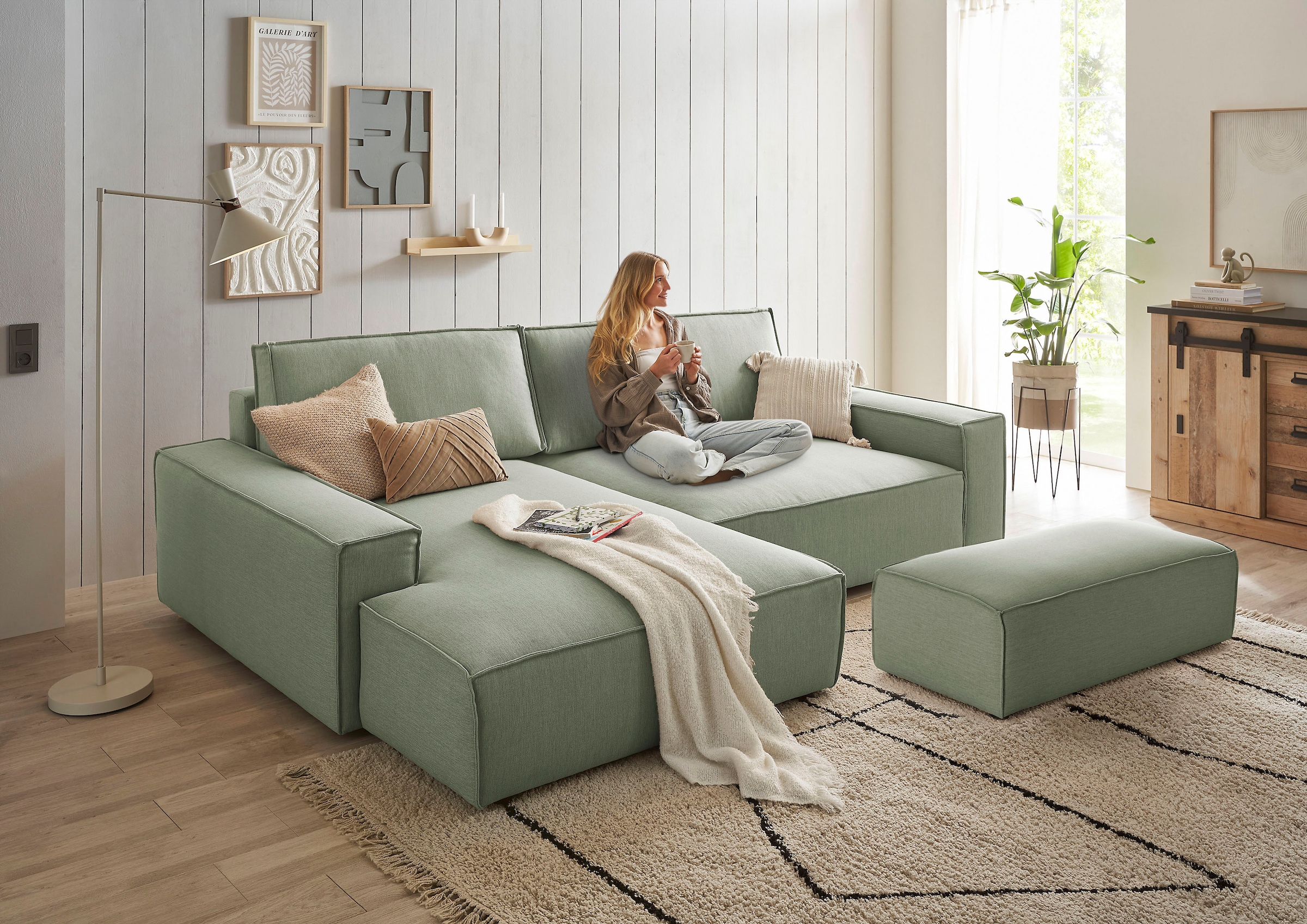 Home affaire Polsterecke »NEU: SHERWOOD XXL tief, L-Form mit Schlaffunktion, Big-Sofa mit Hocker«, (Set, 2 St.), stellbar zum Schlafsofa (Krokodilverbinder), Cord, Leinenoptik