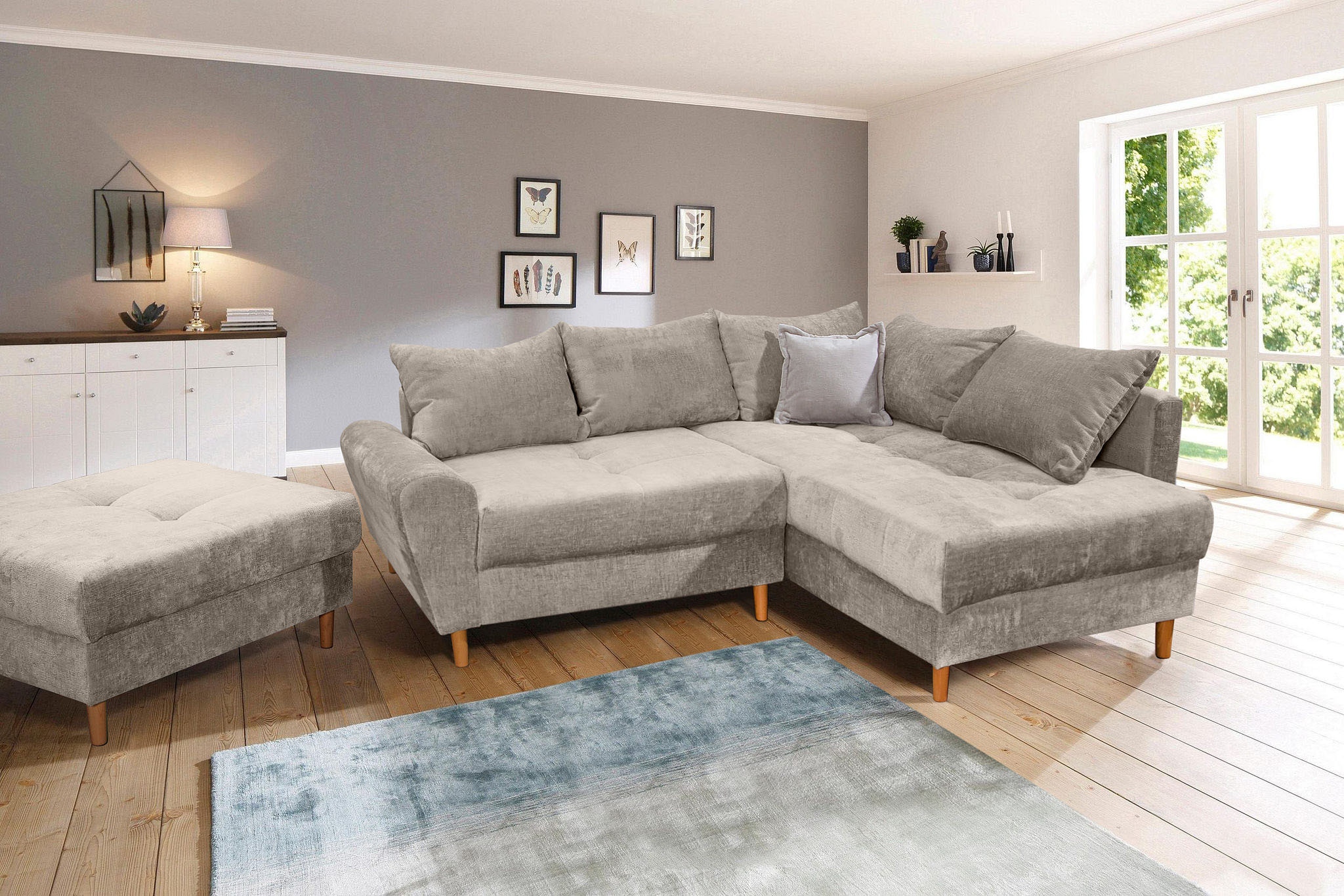 COLLECTION AB Ecksofa »Reims L-Form«, Ottomane beidseitig montierbar, inkl. Bettfunktion und Hocker