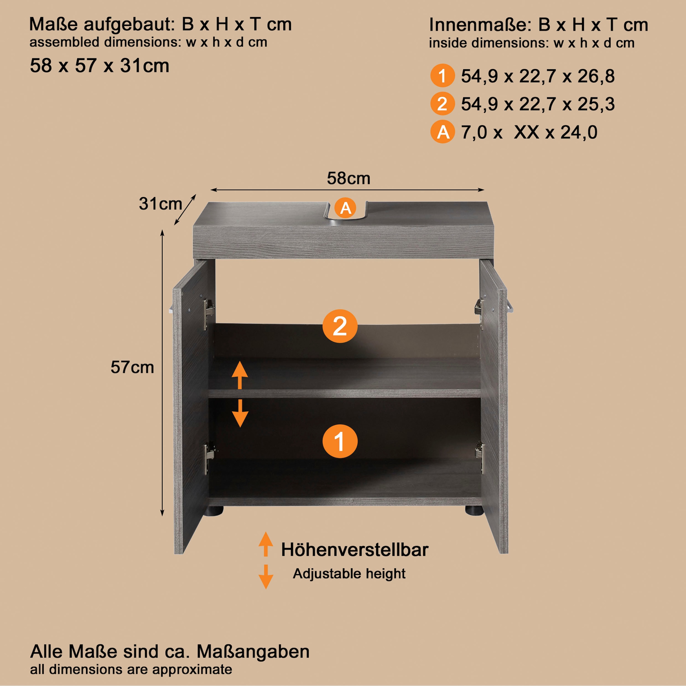 welltime Waschbeckenunterschrank »Royan« Waschbeckenunterschrank mit 2 Türen - (B/T/H) 58/31/57 cm