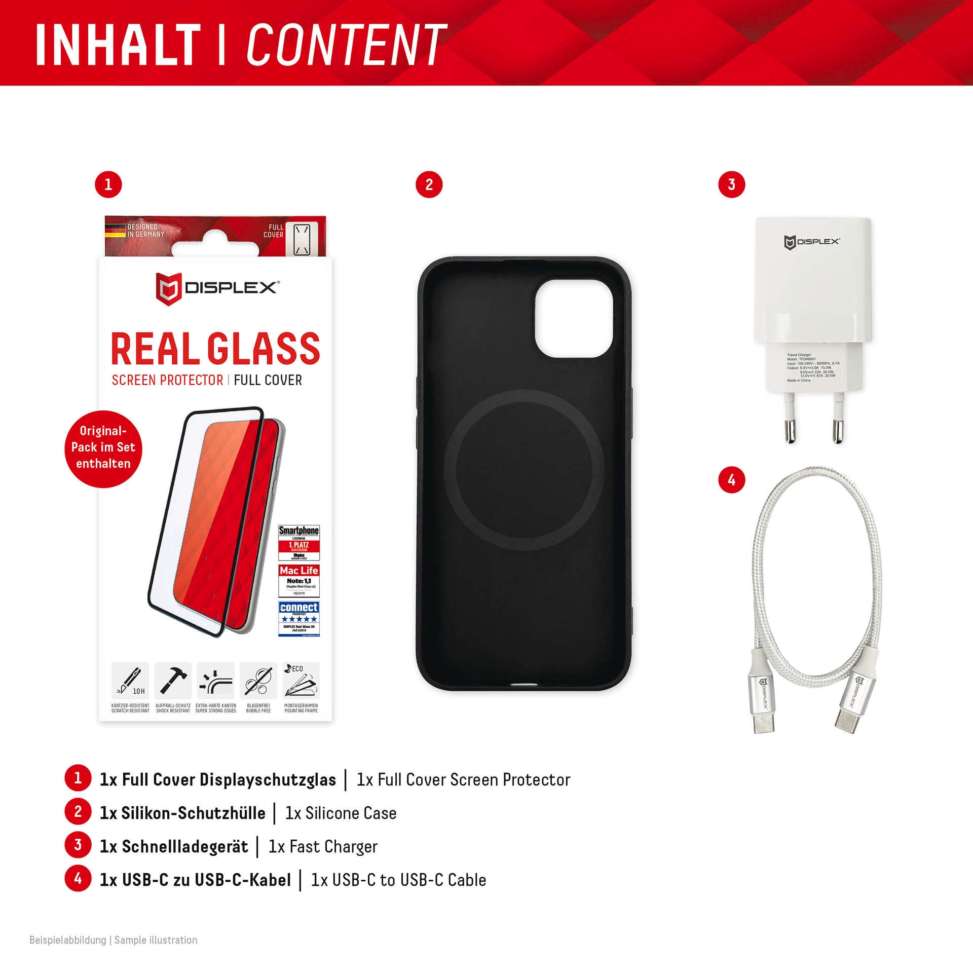 Displex Displayschutzglas »Premium Set 4in1«, für Apple iPhone 15, (Set, 4 St., bestehend aus Displayschutz, Case, Kabel, Netzteil), Displayschutzfolie Schnellladegerät 20 W MagSafe USB-C zu USB-C-Kabel