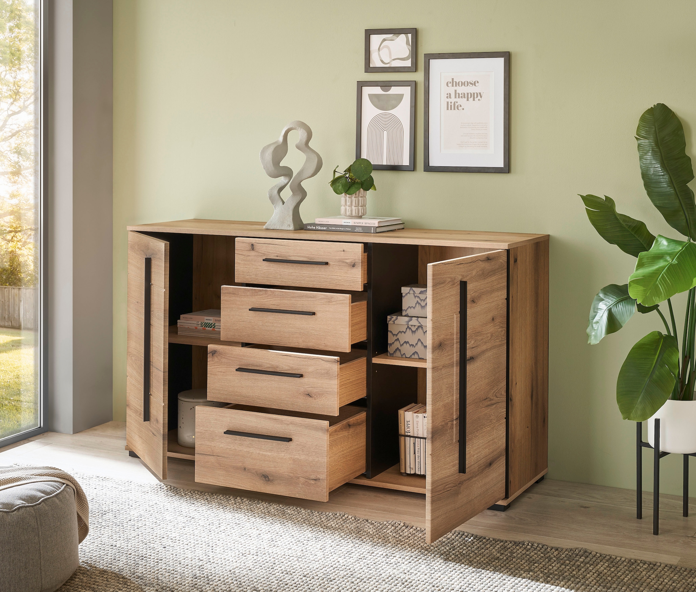 INOSIGN Sideboard »Cantara, moderner Schrank, Kommode in Eiche Evoke oder weiß«, schwarze Stangengriffe, ausreichend Stauraum, vielseitig einsetzbar