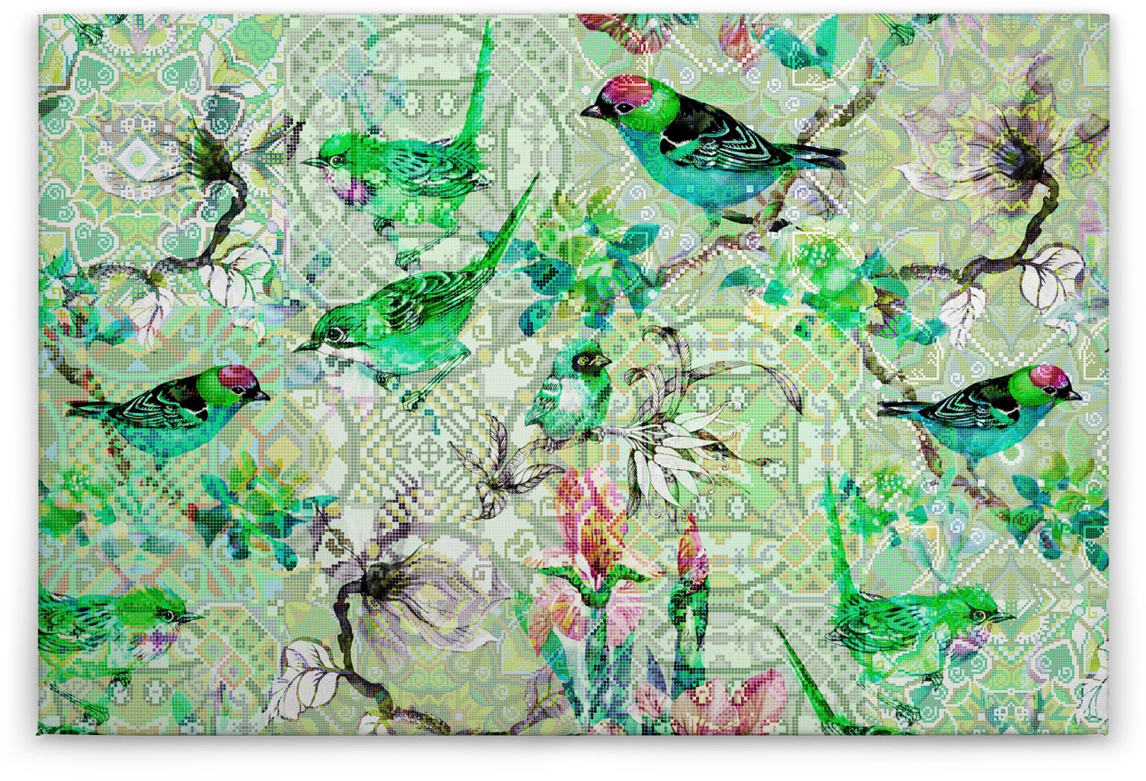A.S. Création Leinwandbild »mosaic birds«, Kunst-Vögel-Kinder, (1 St.), Mosaik Keilrahmen Floral Blumen Vögel Leinwand-Bild Wohnzimmer modern
