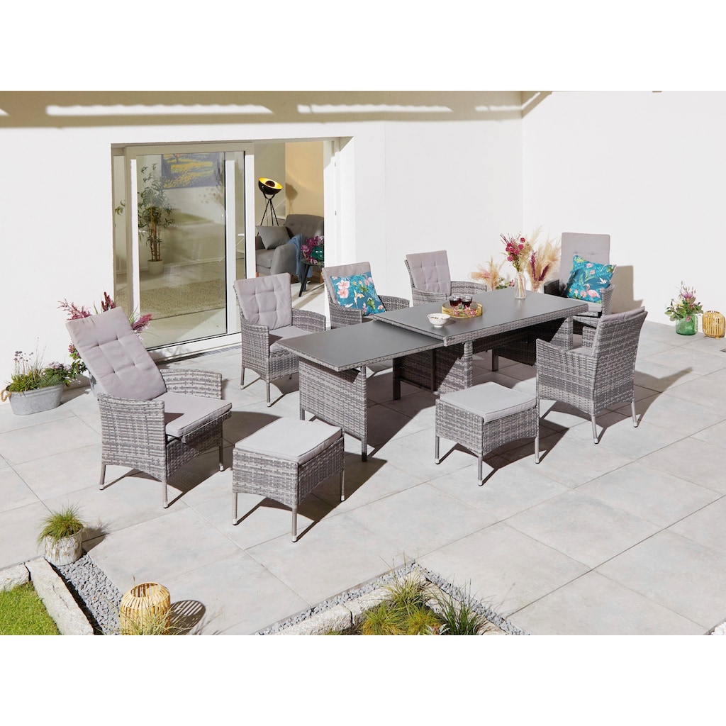 KONIFERA Garten-Essgruppe »Parla«, (Set, 21 tlg., 6xSessel, 1x AZ-Tisch 150-242,5cm,2x Hocker,inkl. Auflagen, Polyrattan), 2 der 6 Sessel sind verstellbar, Grau, Tischplatte aus Sicherheitsglas