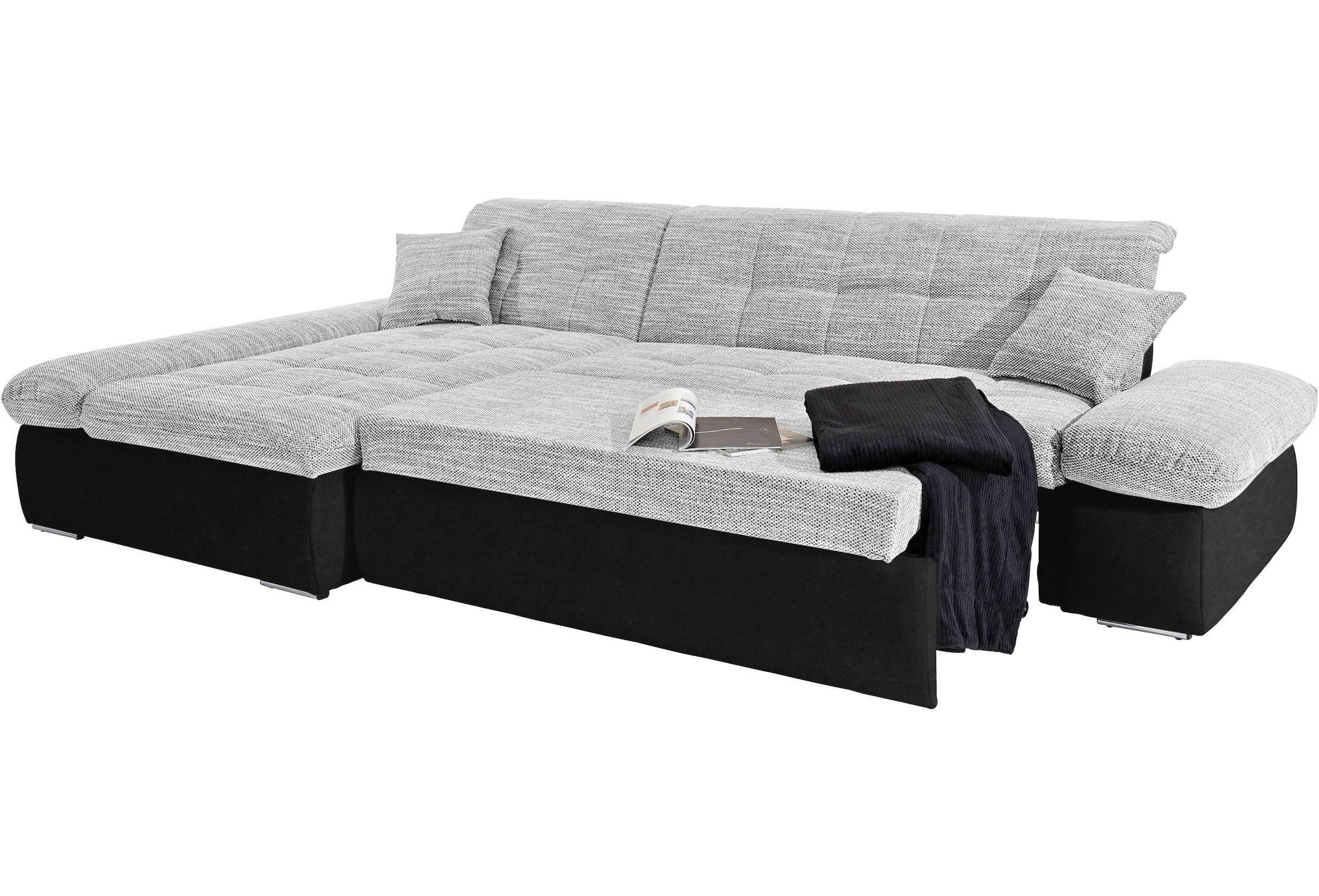 DOMO collection Ecksofa »Moric, L-Form, XXL-Sofa - Breite 300cm«, wahlweise mit Bettfunktion und Armteilverstellung, schwarz-silber
