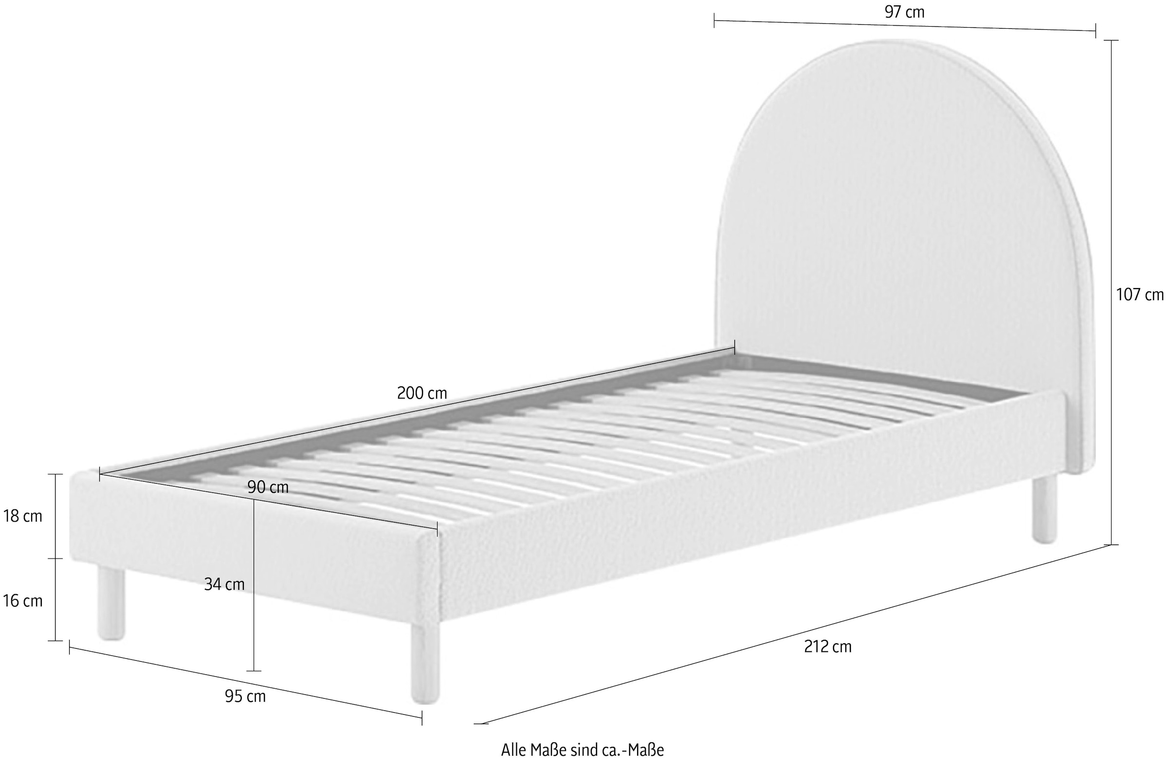 Vipack Polsterbett »MOON«, (Made in Europe), 2 Breiten (90 o. 140 cm), Lattenrost, Bouclé Stoff, wahlw. 4 Farben