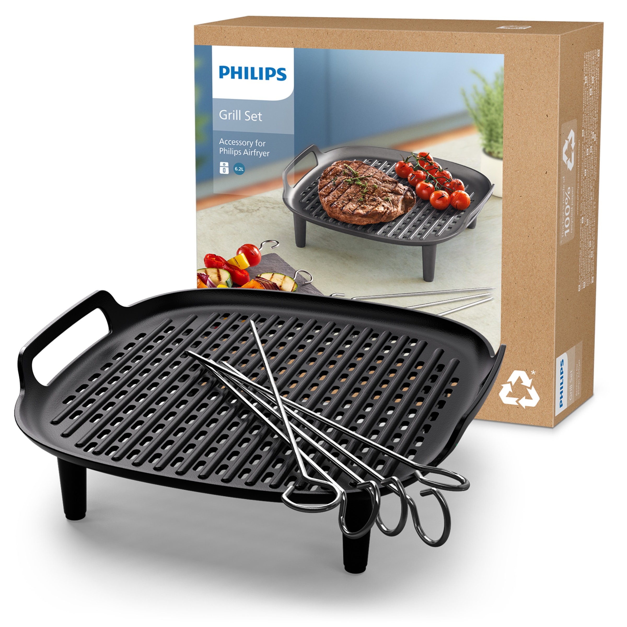 Philips Grillpfanneneinsatz »HD9946/00 für Airfryer 6,2 l, Grillplatte zum Garen auf 2 Ebenen«, (Set, 6 St.), inkl. 5 Spieße, HomeID App, spülmaschinenfest