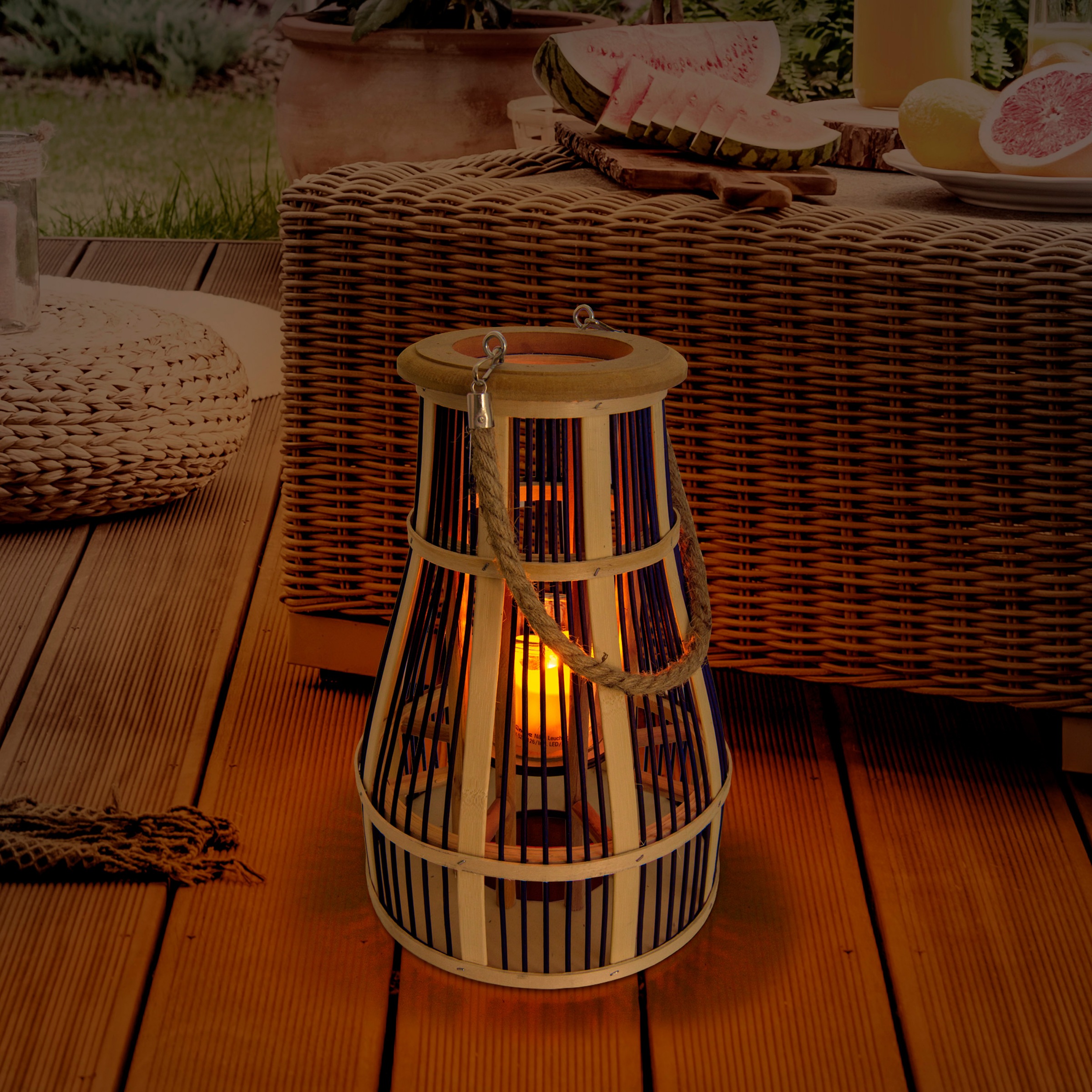 näve LED Solarleuchte »Korb«, 1 flammig, Flammeneffekt, Glaseinsatz für Teelicht, Material: Bambus/Jute/Glas