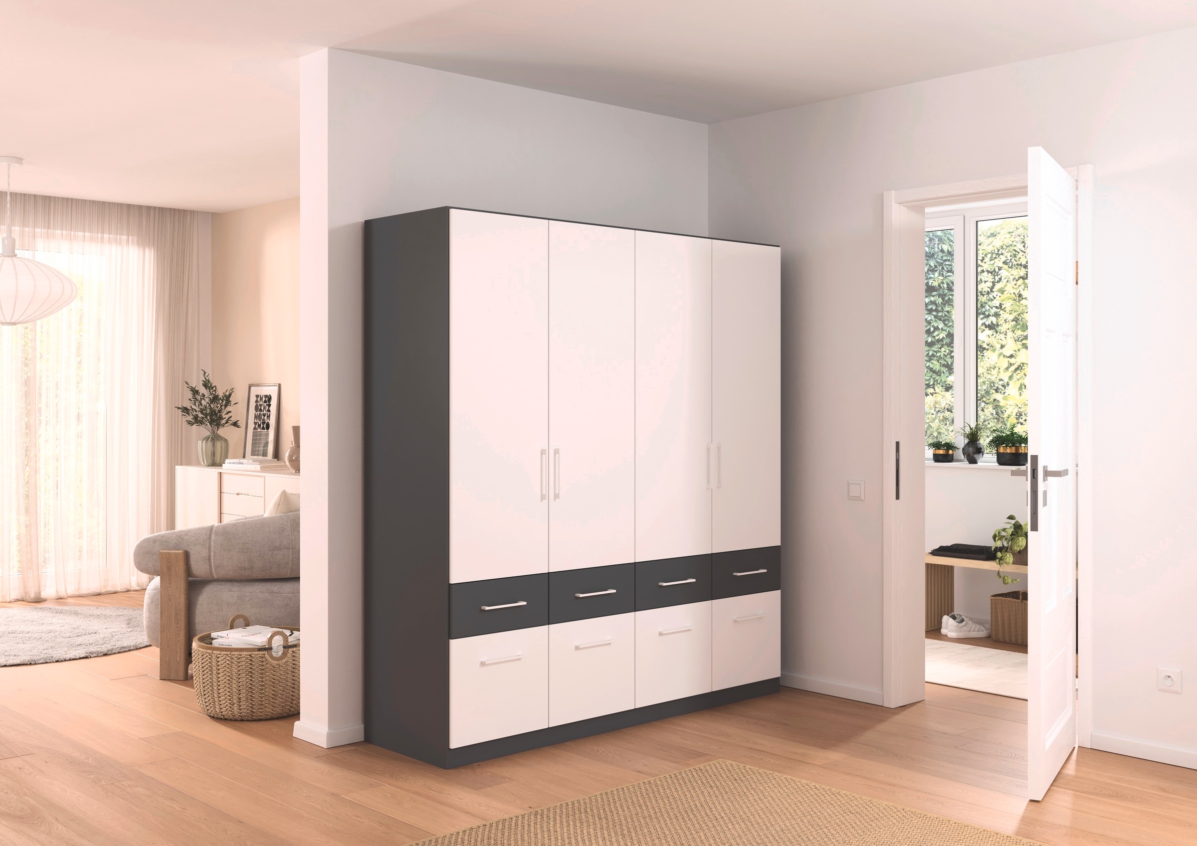 rauch Kleiderschrank »Kleiderschrank Schrank Garderobe Wäscheschrank DUNDEE«, (mit 3 Griff-Varianten), Schubladen in zwei Höhen, optional mit Spiegel MADE IN GERMANY