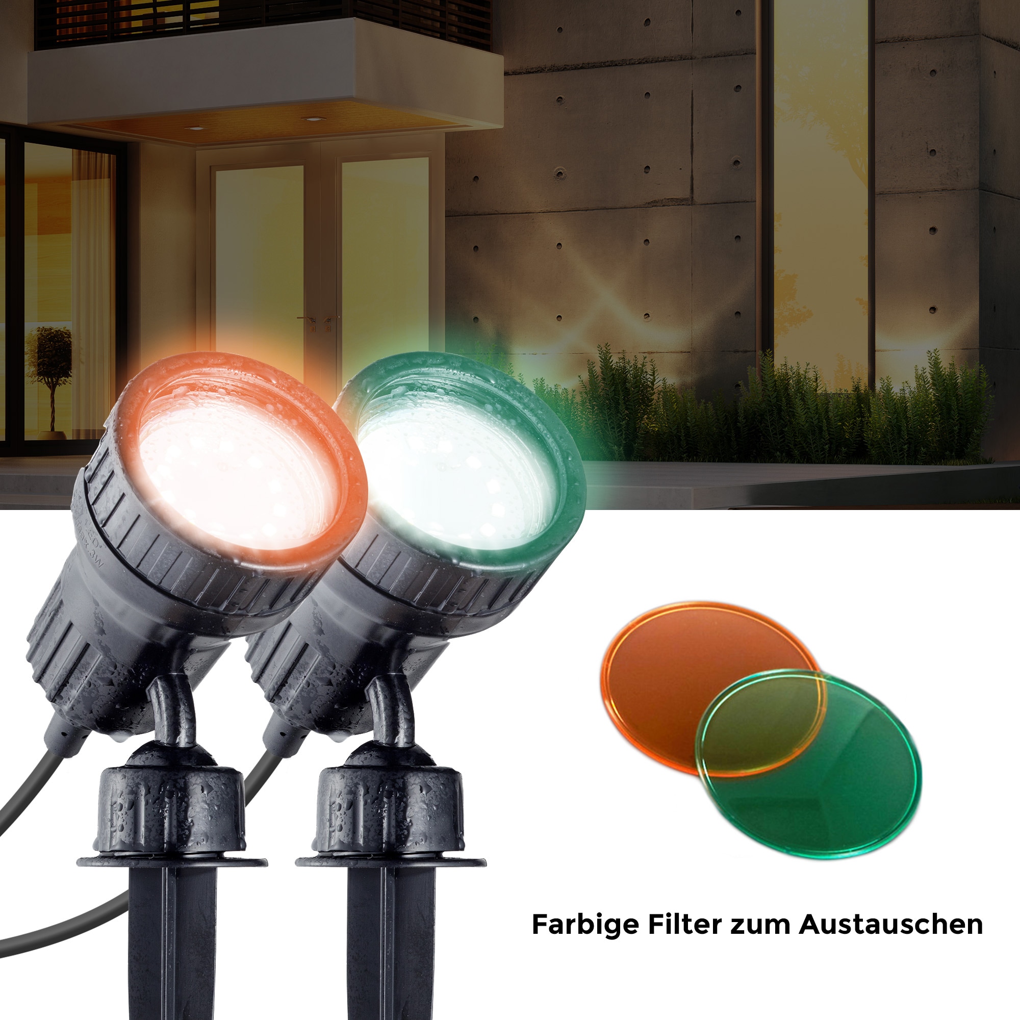 B.K.Licht LED Gartenstrahler, schwarz, inkl. GU10 Leuchtmittel / 2,9 Watt, 260 Lumen, 3.000 Kelvin,  inkl. 1 x Farbfilter orange und grün, inkl. Erdspieß und Wandhalter 