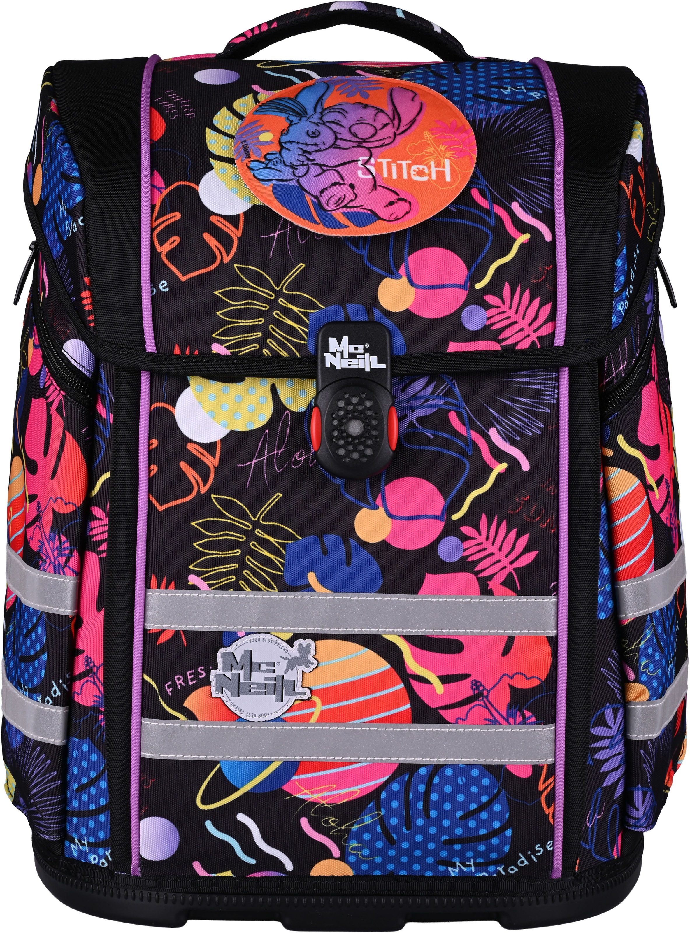 McNeill Schulranzen »Perfecto, Disney Stitch, black« Reflektierende Streifen auf den Schultergurten;Retroreflektierende Flächen inkl. Federmäppchen, Turnbeutel, Schlamperrolle & Motivmagnet