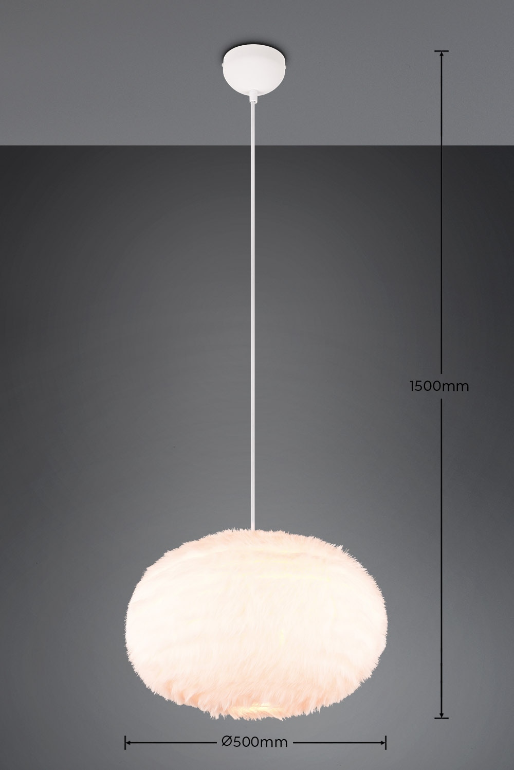 REALITY Leuchten Pendelleuchte »FURRY, höhenverstellbare Hängelampe mit Plüsch Lampenschirm Ø 50cm«, 1 flammig, Leuchtmittel E27 | Leuchtmittel wechselbar, exkl 1xE27 max 10W, weiße Plüsch Hängeleuchte Schlafzimmer Wohnzimmer