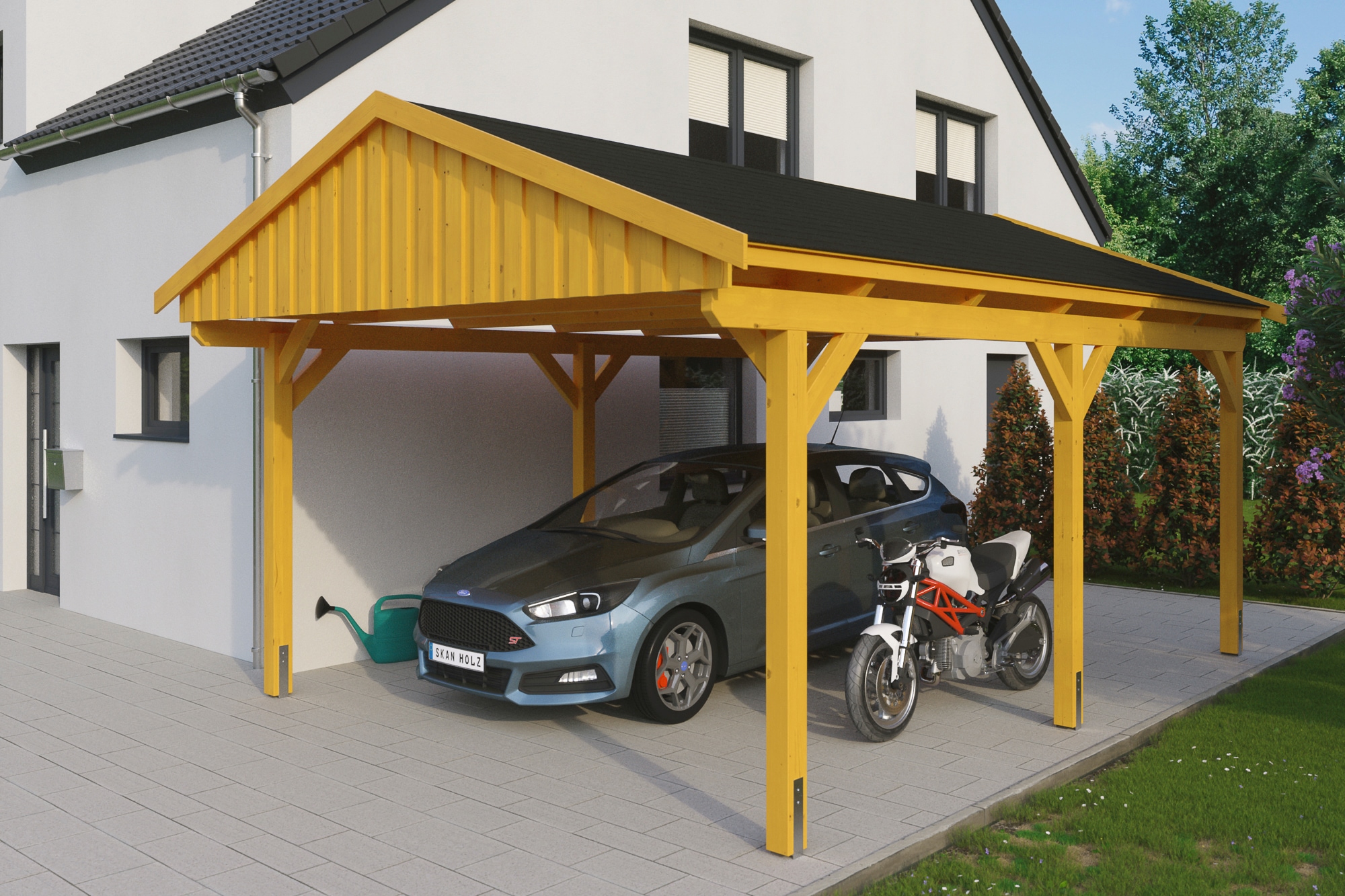 Skanholz Einzelcarport »Fichtelberg«, Leimholz-Nordisches Fichtenholz, hellbraun, mit schwarzen Schindeln
