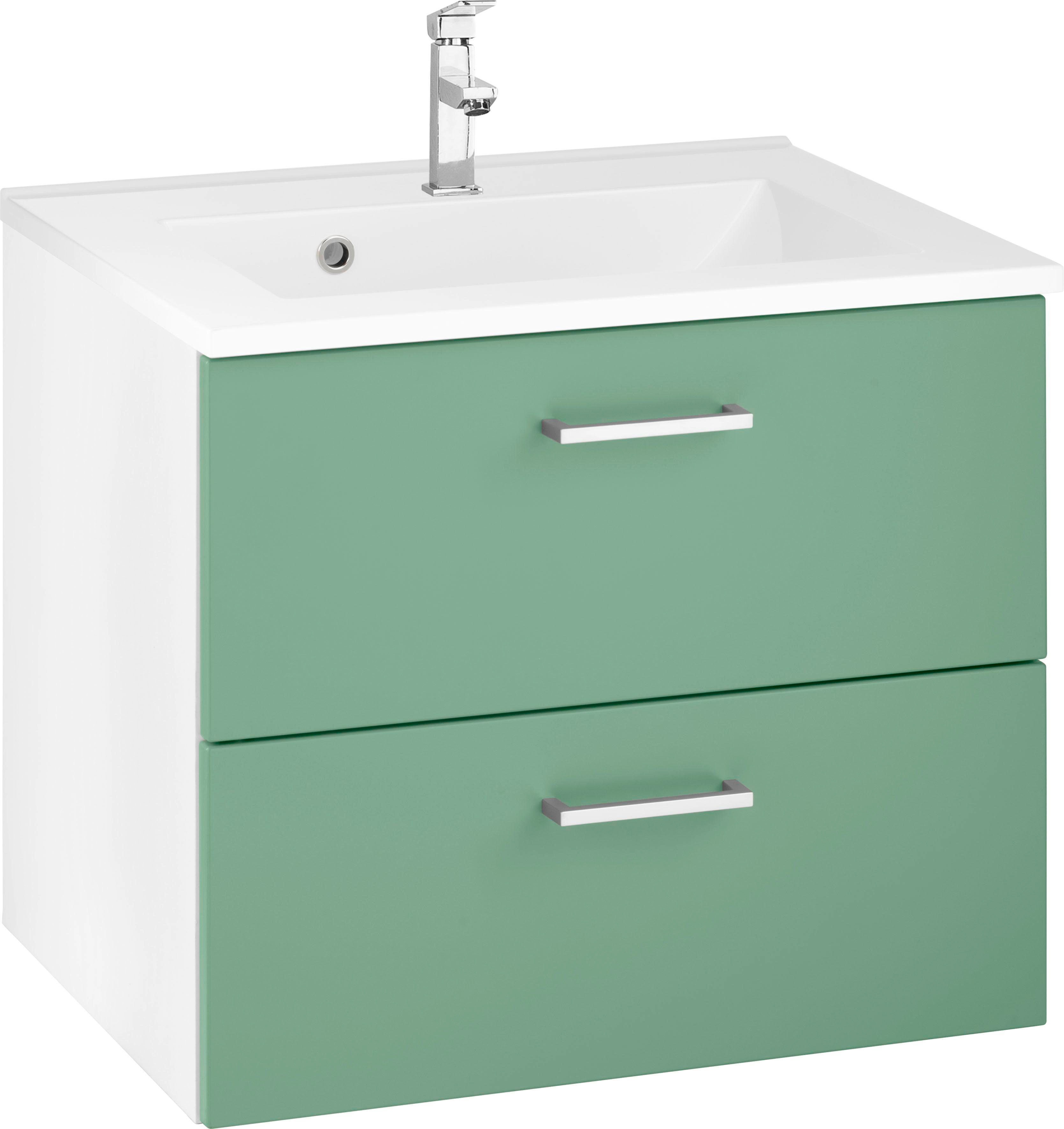 Waschbeckenunterschrank „Ribera“, Bad, Waschtisch inkl. Waschbecken, Breite 60 cm, grün/grün/weiß B/H/T: 60 cm x 56 cm x 47 cm