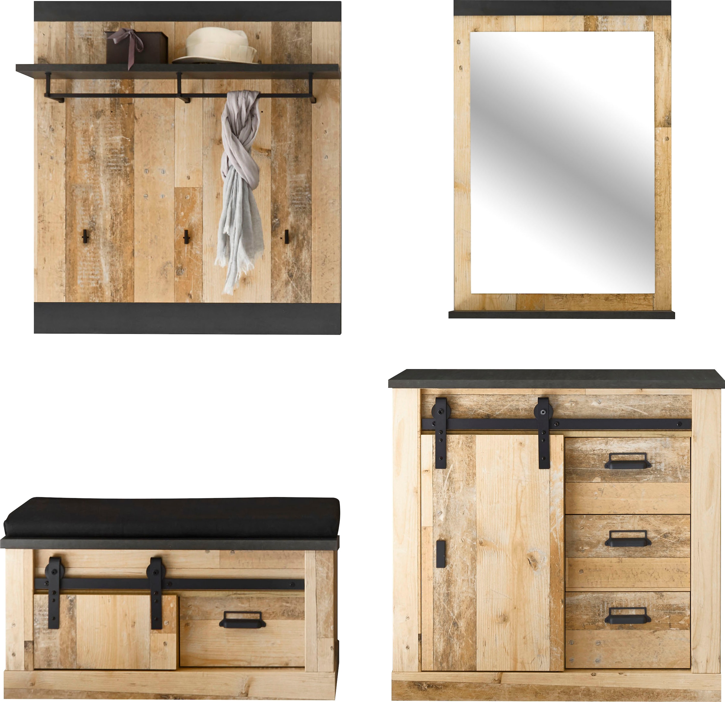 Home affaire Garderoben-Set »SHERWOOD«, (4 St.), mit Scheunentorbeschlag, Apothekergriffe aus Metall