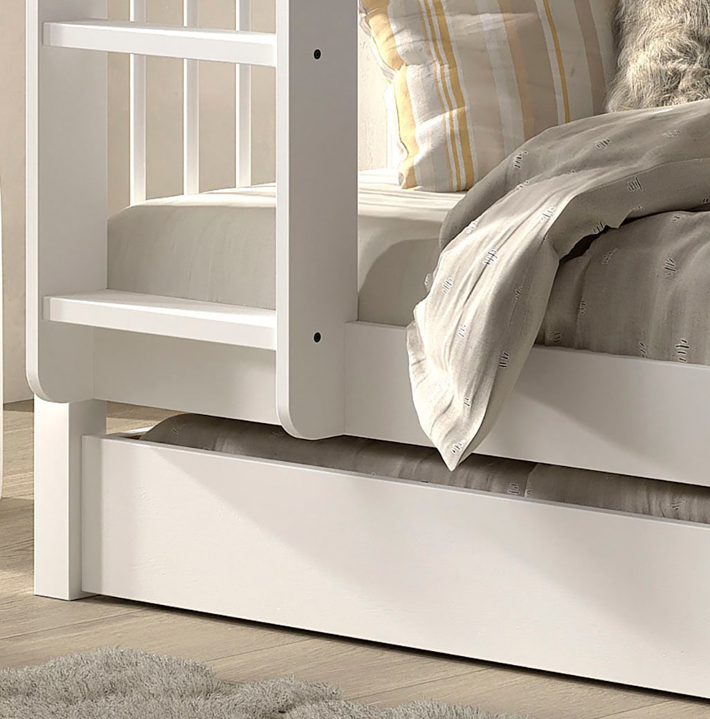 Home affaire Etagenbett »Buche massiv weiß, Made in Europe, langlebige Qualität«, (B/H/T ca. 208x176x98cm, inkl. Leiter, Absturzschutz oben umlaufend), 2 Lattenroste, wahlweise mit oder ohne Bettschublade