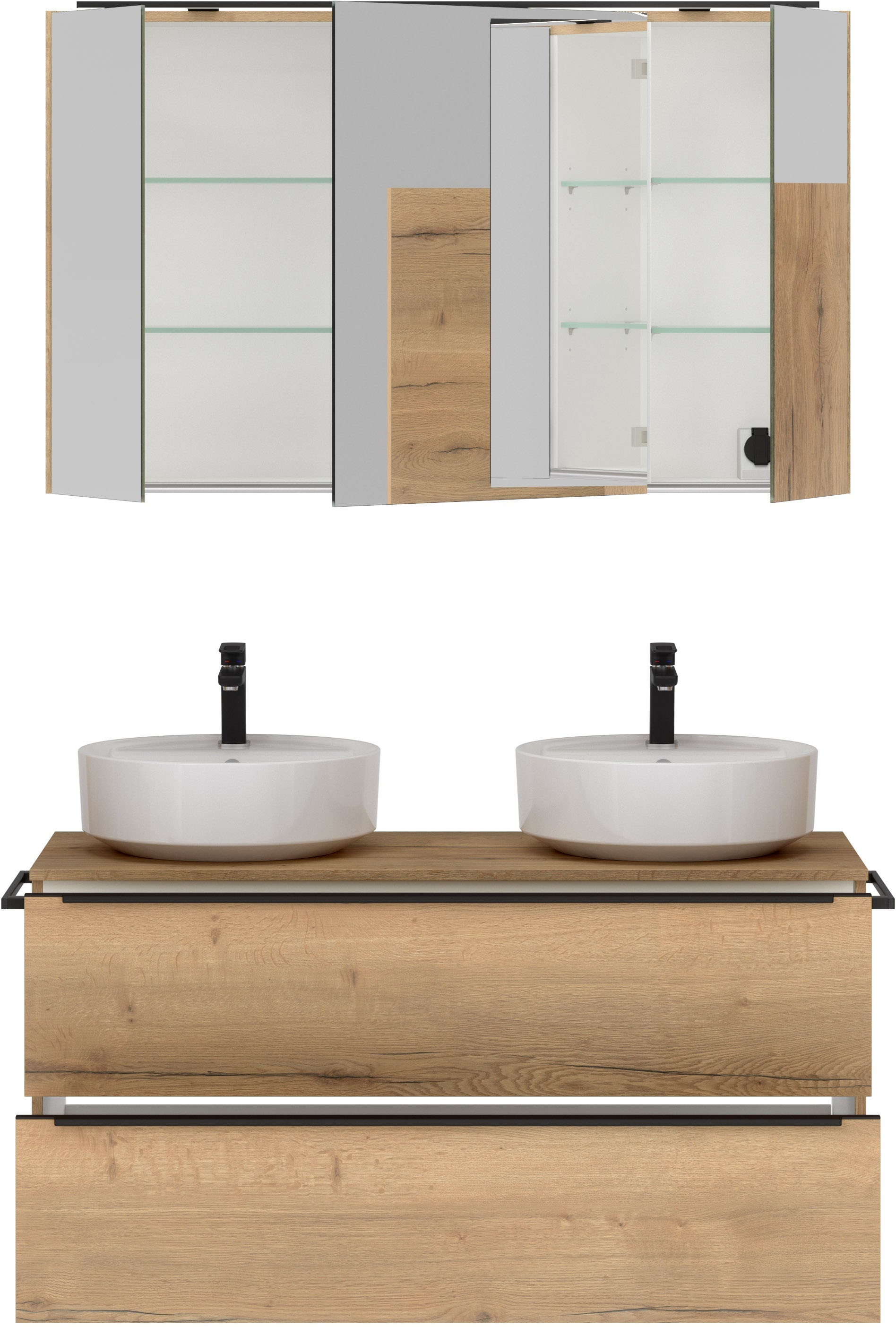 nobilia® Badmöbel-Set »Alvene«, (2 St., vormontiert, mit Soft-Close), inkl. Spiegelschrank mit Beleuchtung und Dimmerfunktion, in 4 Breiten