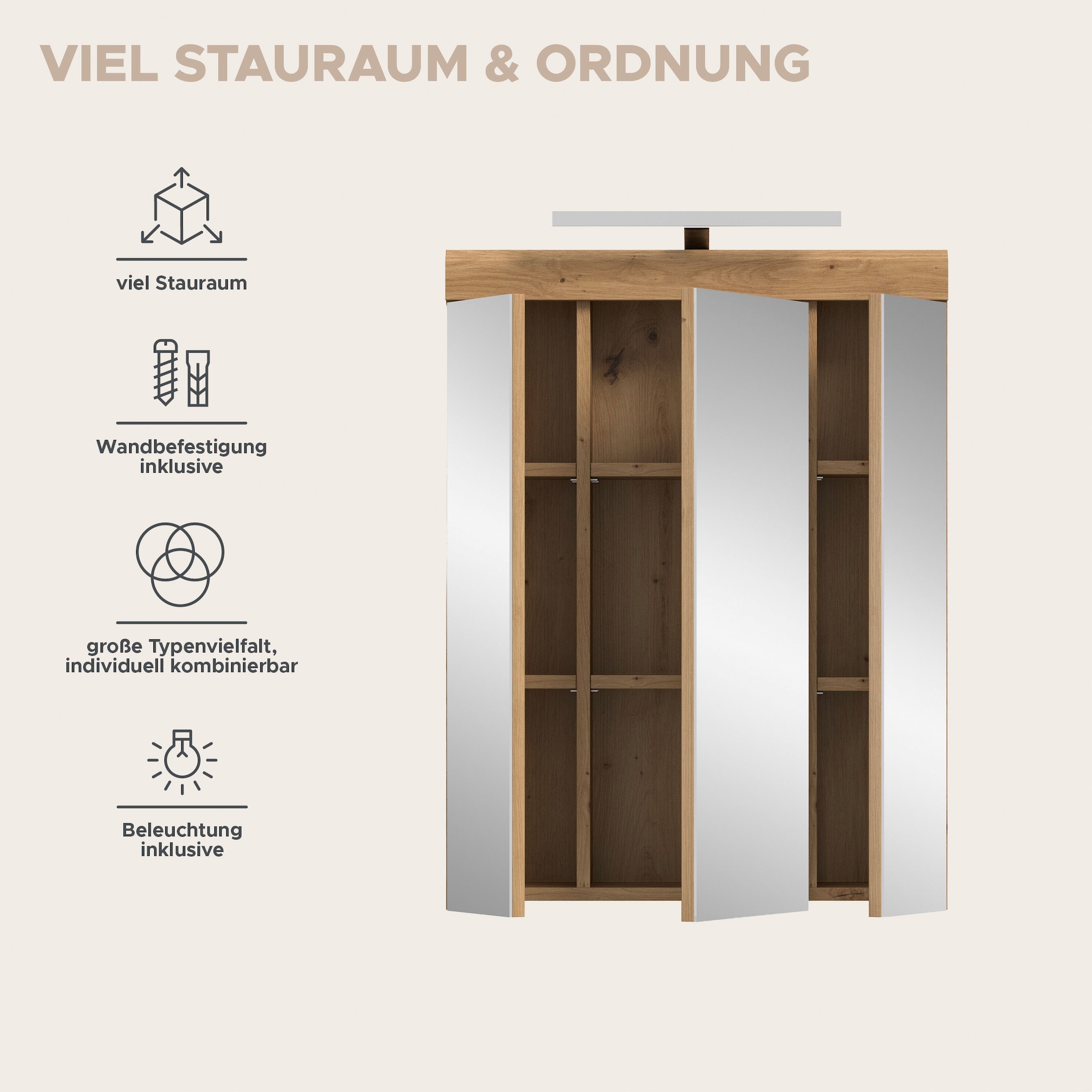 welltime Badezimmerspiegelschrank »SIENA, Breite 60cm, inkl. Beleuchtung, 3 Spiegeltüren, 9 Fächer« Set, TOPSELLER!,  in verschiedenen Farben erhältlich, Badmöbel, Badschrank, Schrank, Bad