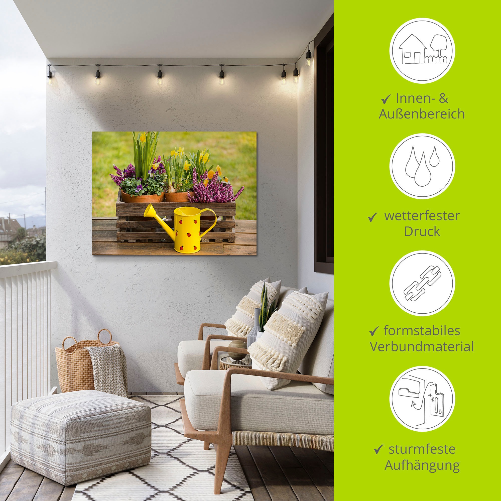 Artland Wandbild »Holzkiste Heidekraut Narzissen Gießkanne«, Vasen & Töpfe, (1 St.), als Alubild, Outdoorbild, Leinwandbild in verschied. Größen