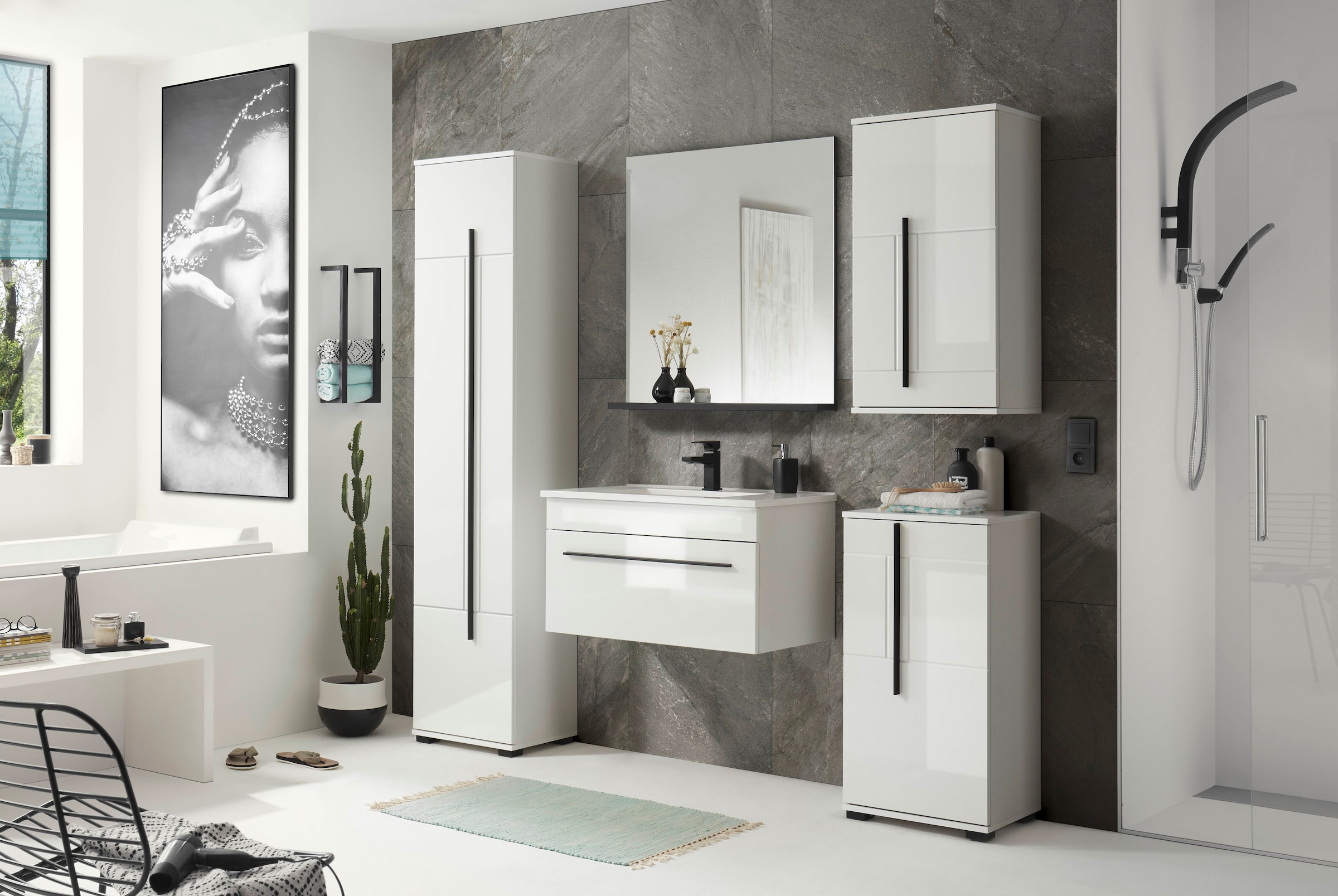 INOSIGN Hochschrank »Cantara, Badschrank in Hochglanz Weiß, Hochschrank im modernen Design«, mit schwarzen Griffen, ausreichend Stauraum