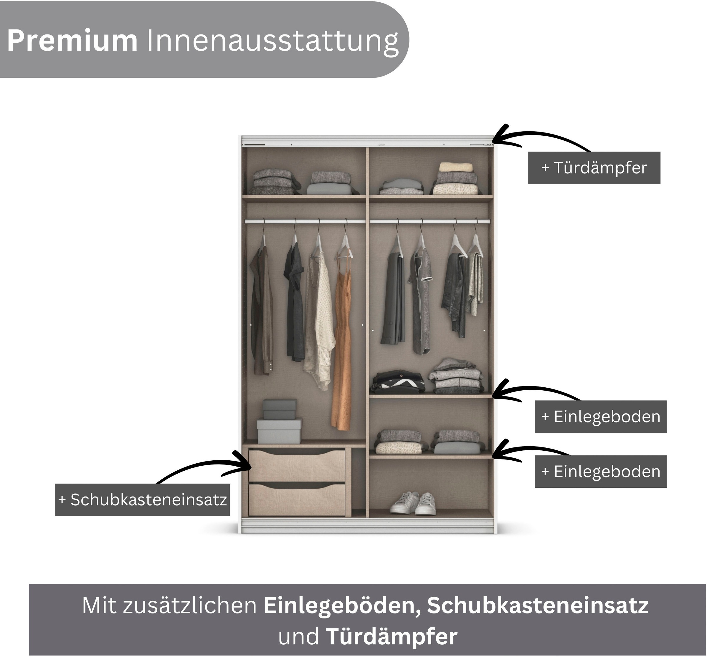 INOSIGN BY RAUCH Schwebetürenschrank »Kleiderschrank Schrank Garderobe Schlafzimmerschrank THANOS«, (in 3 verschiedenen Ausstattungen BASIC/CLASSIC/PREMIUM), Optional mit Spiegel, Metall-Griffleisten alufarben MADE IN GERMANY