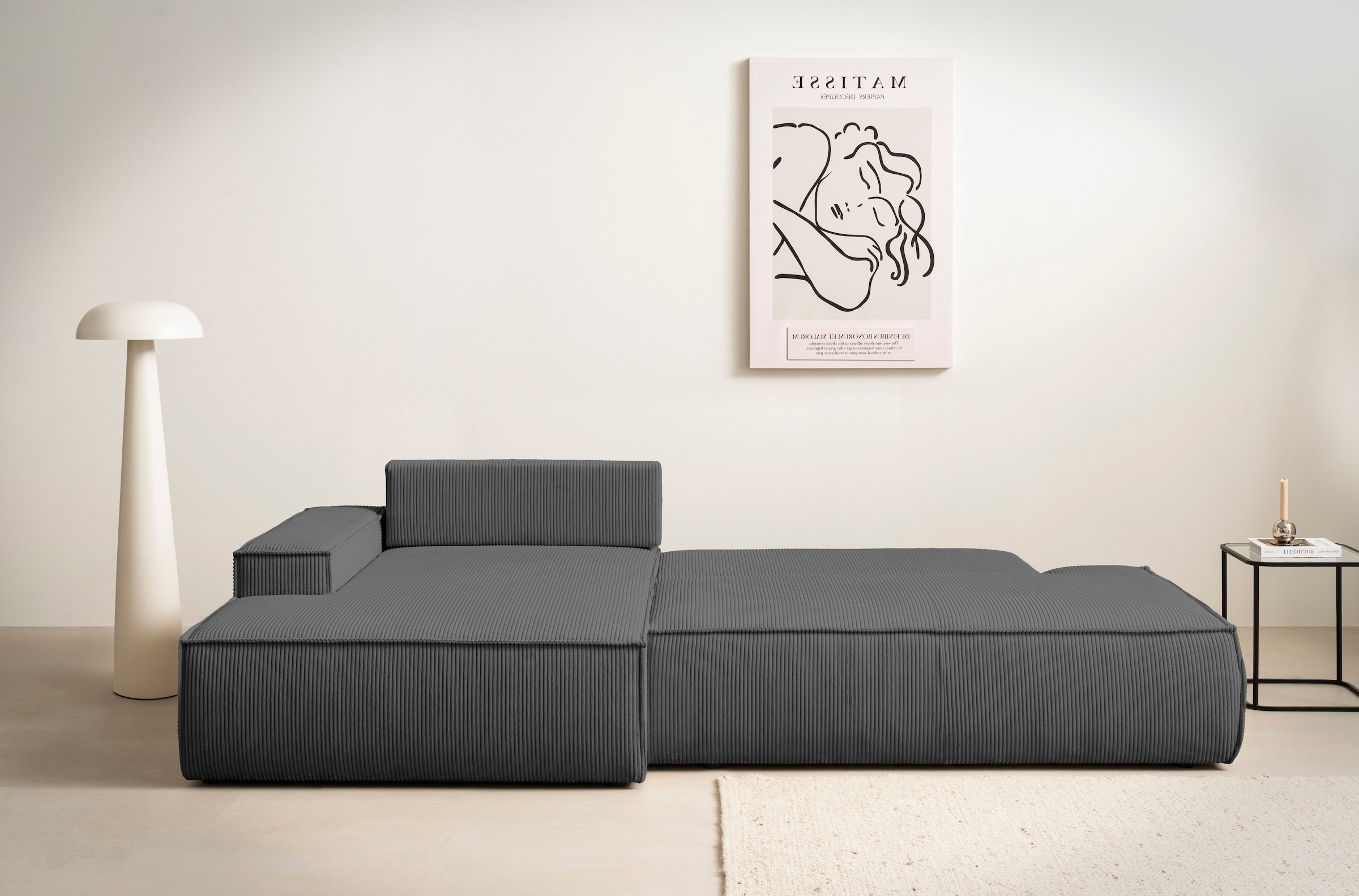 Home affaire Ecksofa »SHERWOOD, Schlafsofa in L-Form offen (275cm), Cord, Leinenoptik«, Schlaffunktion und Bettkasten, Kedernaht, hoher Sitz- & Liegekomfort