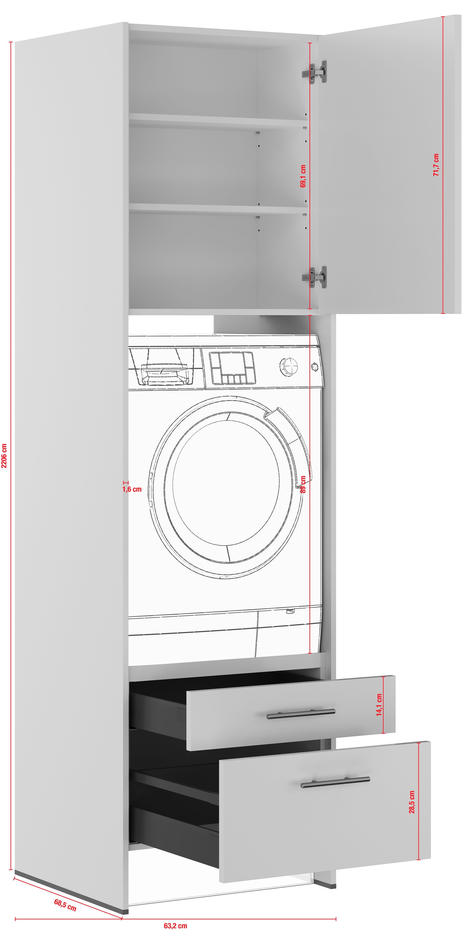 IMPULS KÜCHEN Waschmaschinenumbauschrank »"Prag", Breite/Höhe: 64/220,6 cm, mit Soft-Close« mit Wangen, Schubka., Auszug, verstellb. Fachböden, Auflagen