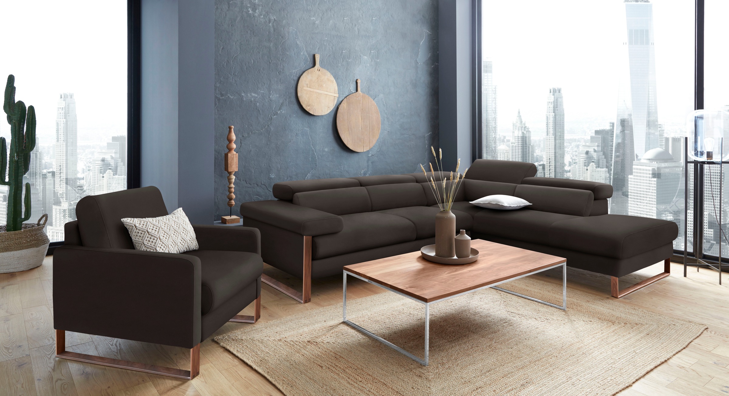 W.SCHILLIG Ecksofa »finn, Designsofa mit tollem Sitzkomfort, bequem, L-Form«, German Design Award 2016, Fußgestell Nussbaum natur, Breite 281 cm